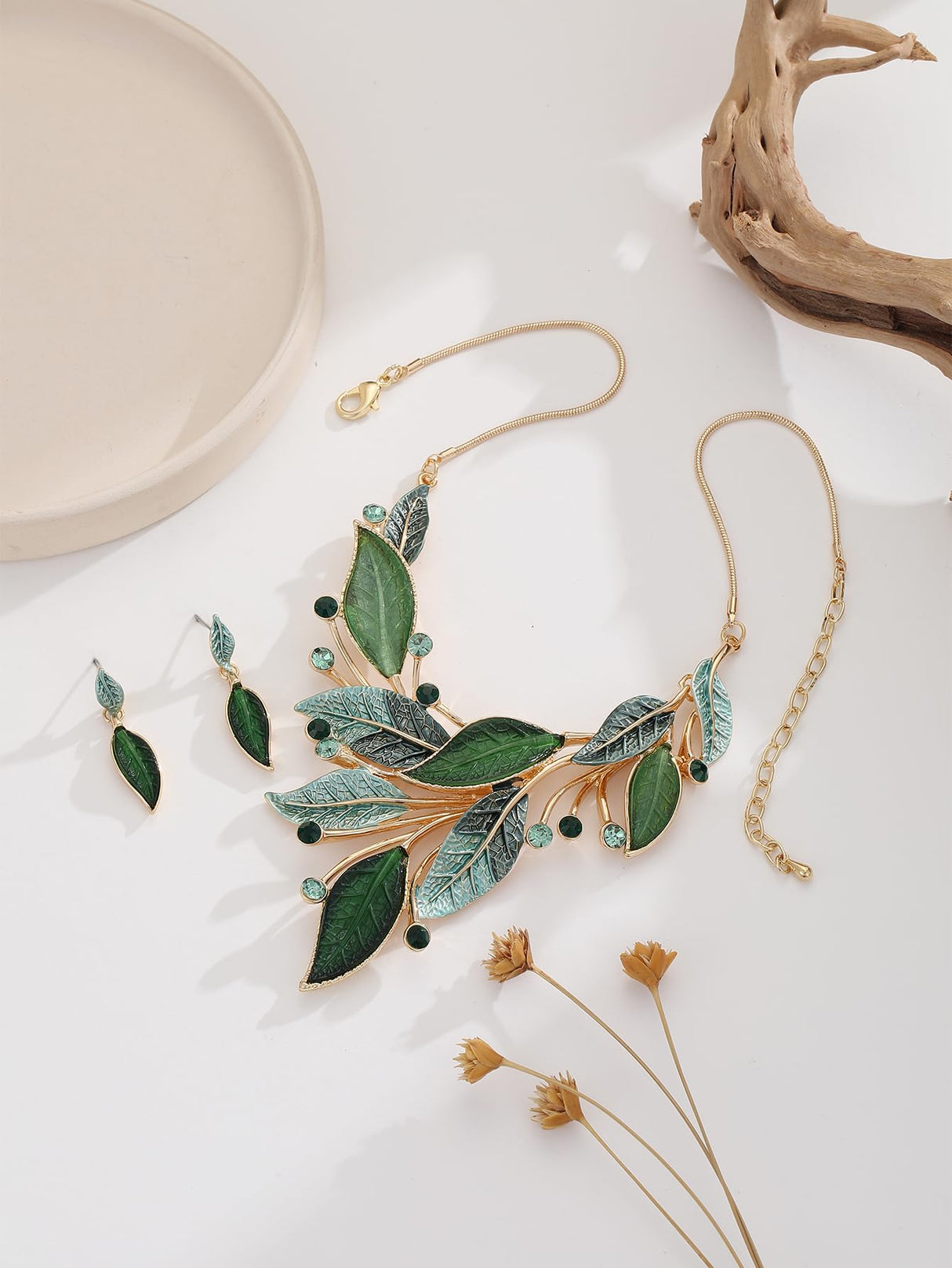 Mycitta Vintage Chunky Statement Jewelry Set 14k Gold Plated Retro Spring Green Leaf Floral Bohemian Boho Bib Necklace Earring Set Fashion Jewelry for Women Wedding Party Prom Unique Gift