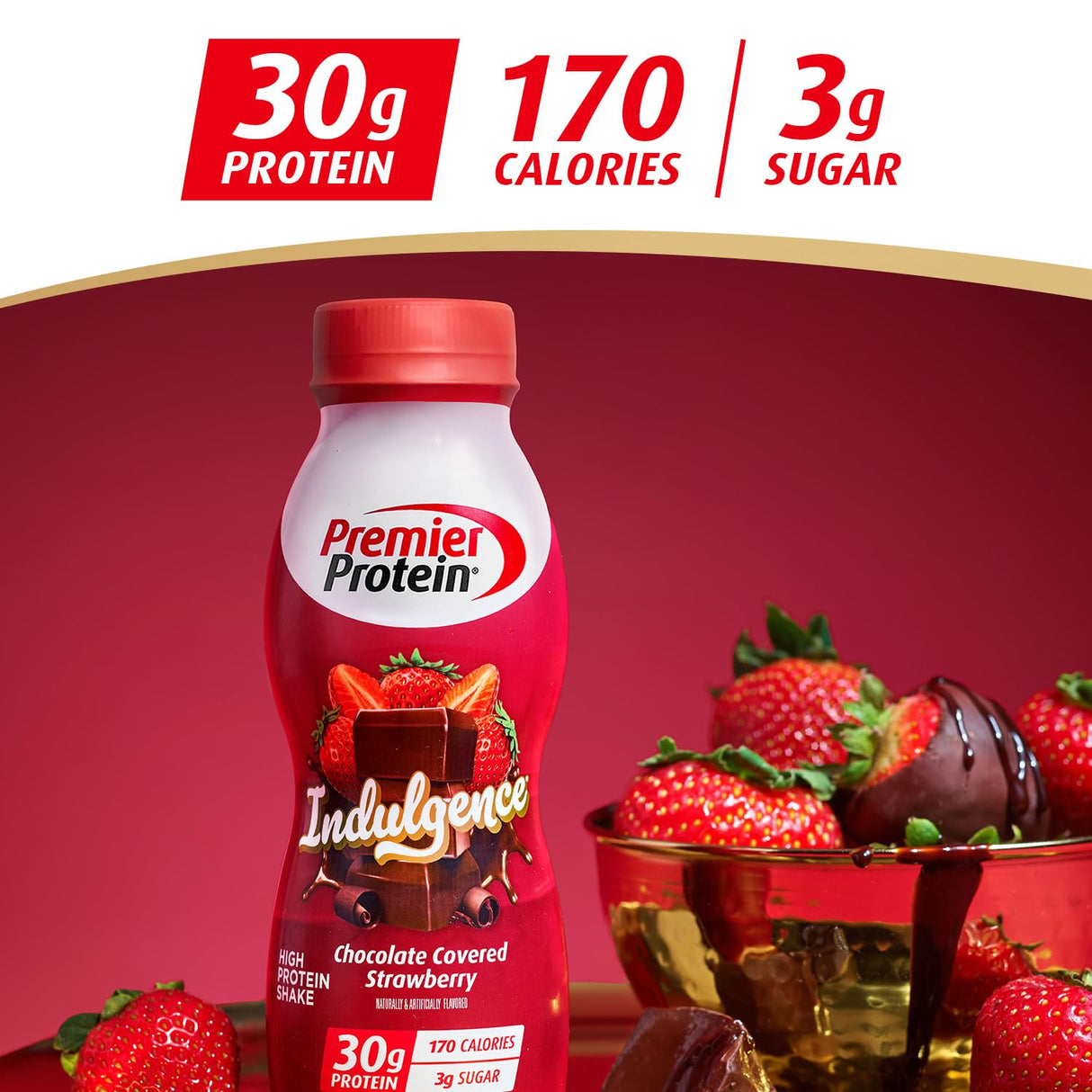 Premier Protein Indulgence Protein Shake, 30g Protein, 3g Sugar, Chocolate Covered Strawberry, 11.5 fl oz, Pack of 12