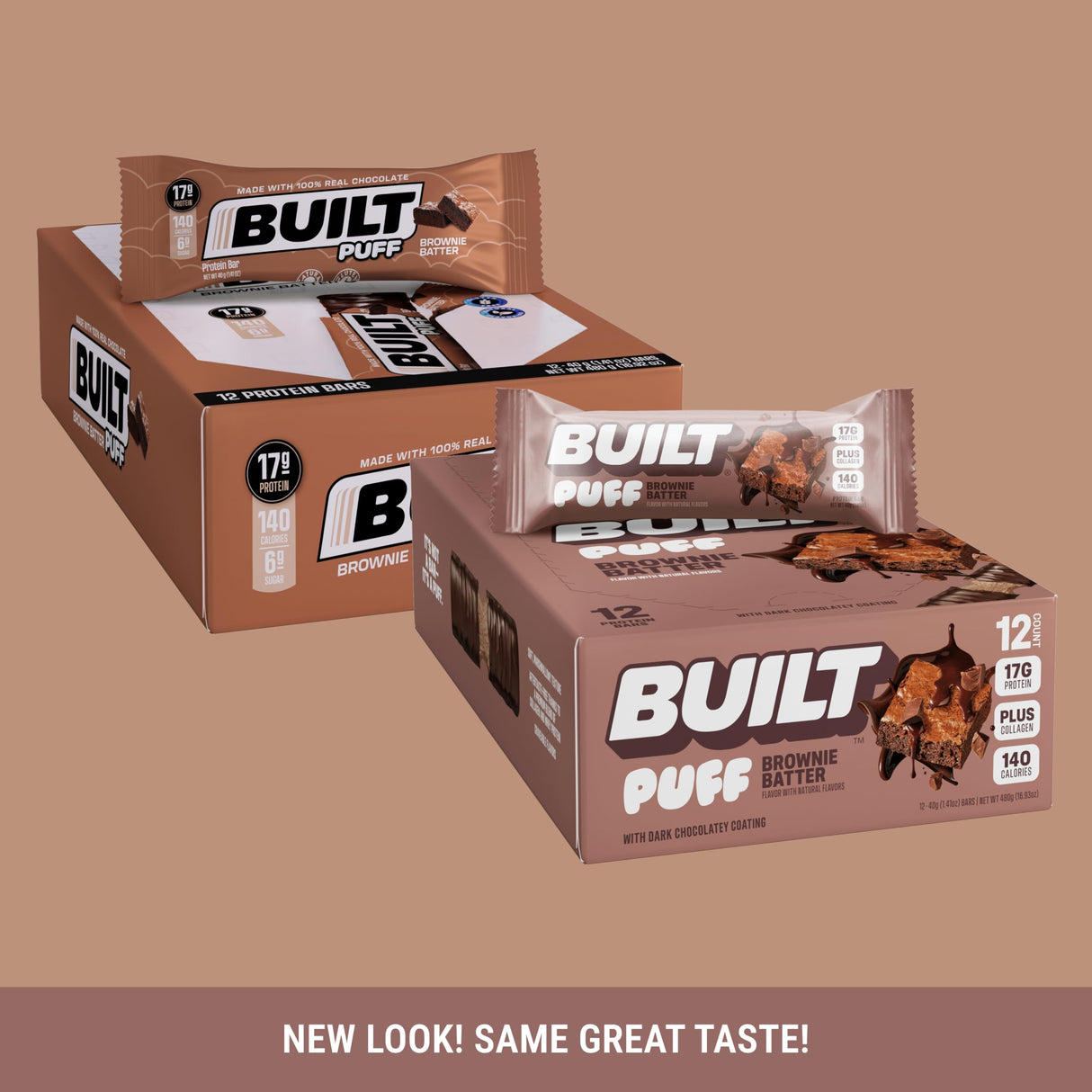 Built Bar, Puff Protein Bars, Brownie Batter Puff, 17g Protein Snacks, On-The-Go Bars, Only 140 Calories, 6g Sugar, Collagen, Gluten Free, 12 Count