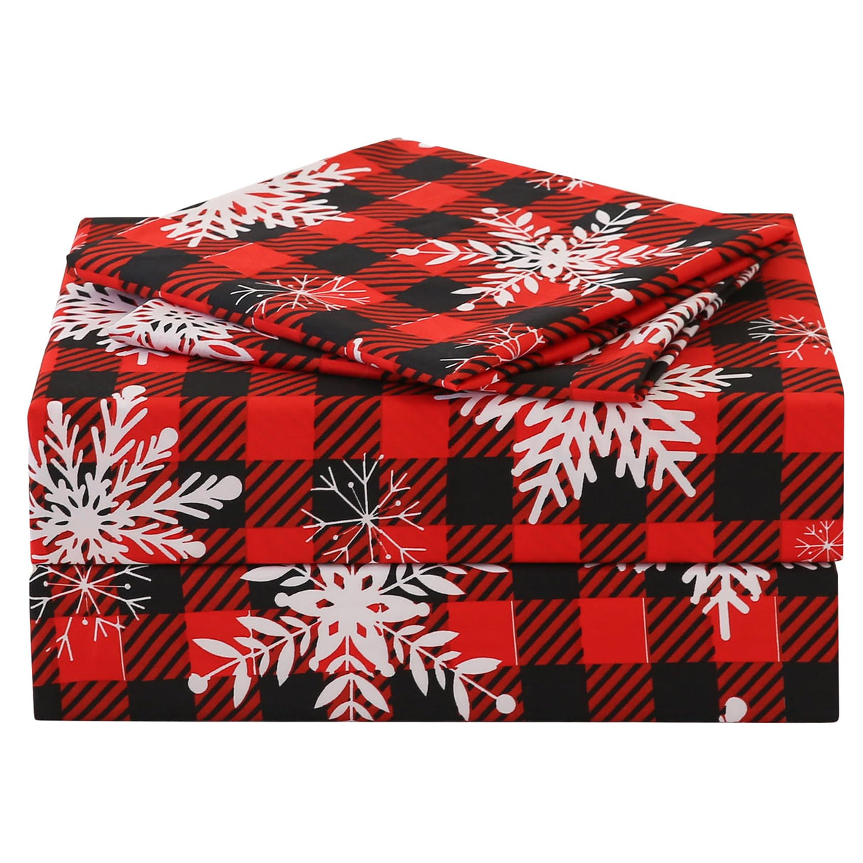 JSD Red Buffalo Plaid Snowflakes Sheet Set Queen Size, 4 Piece Christmas Winter Microfiber Bedding Sheets Extra Deep Pocket