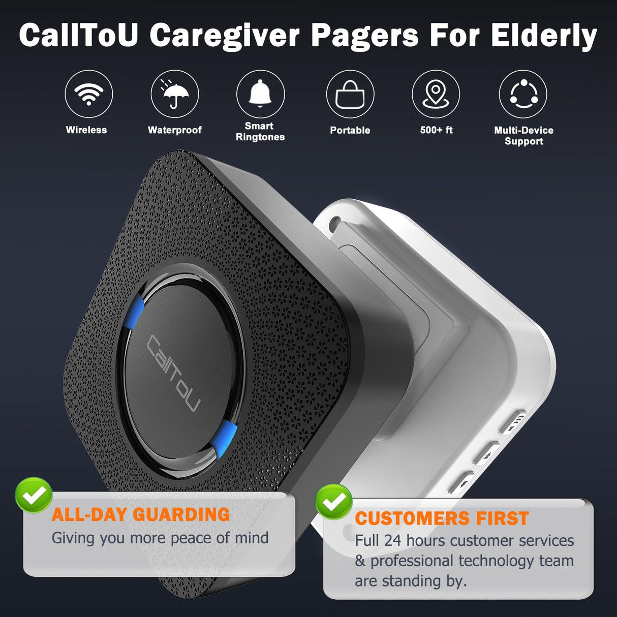 CallToU Caregiver Pager Wireless Call Bell Alert Button for Seniors/Elderly/Patients 1 Plugin Receiver 1 Waterproof Transmitter