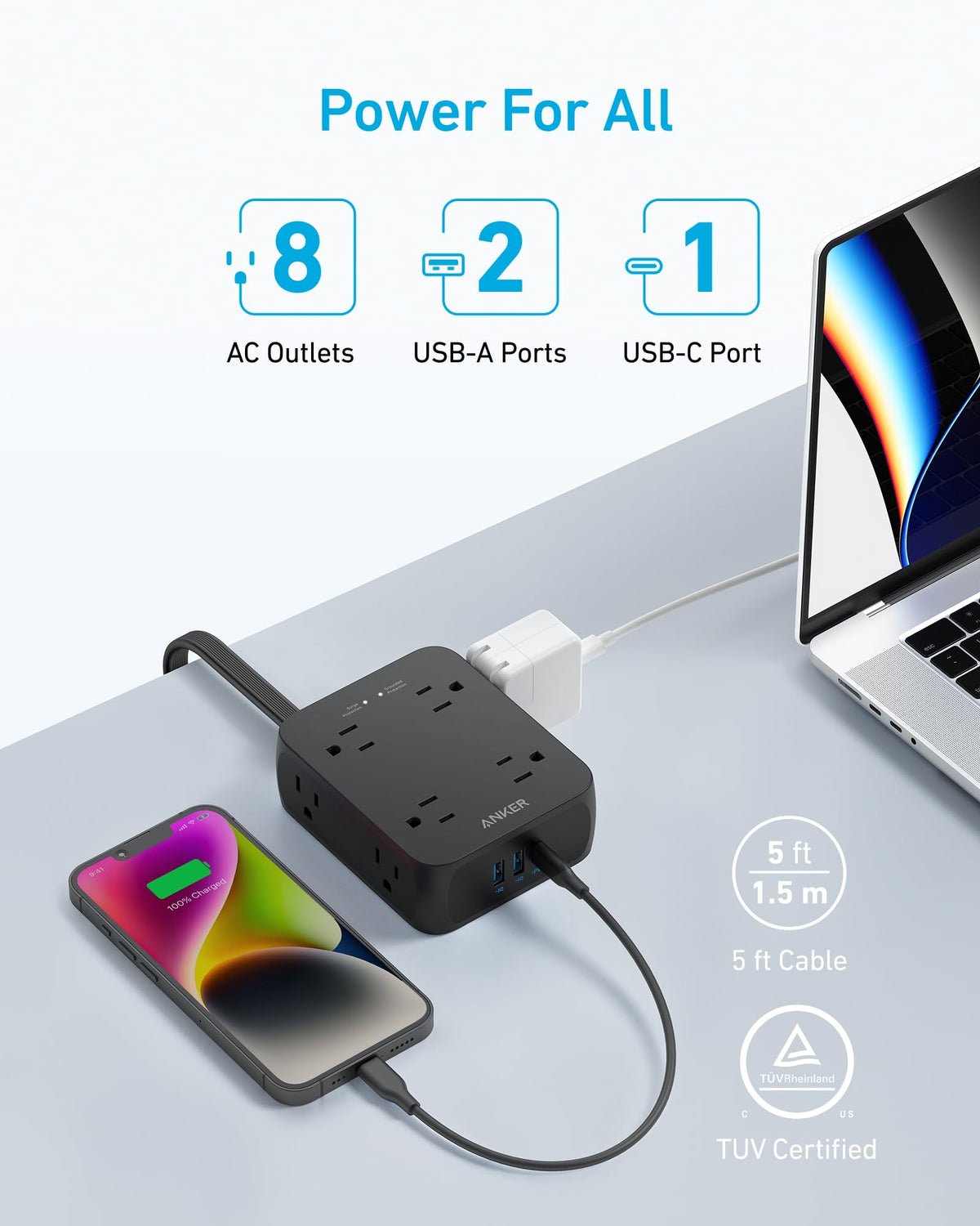 Anker Power Strip with 2000J Surge Protector, Outlet Extender, 20W, 8AC