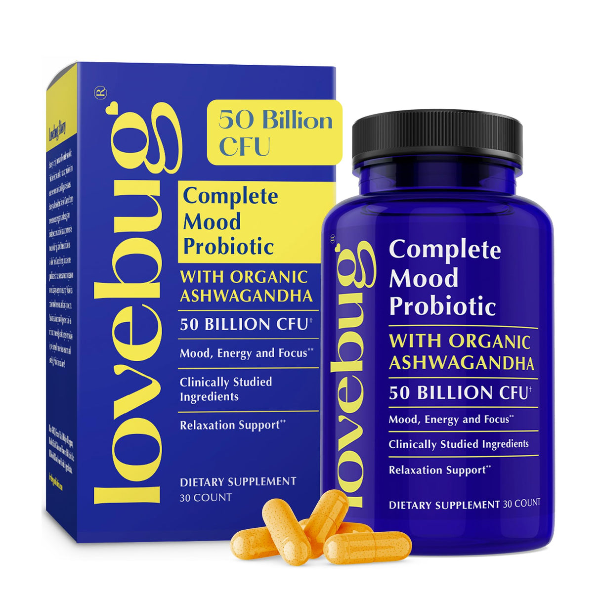 LoveBug Complete Mood Probiotics for Women - 50 Billion CFU, 10 Clinically Studied Strains, Lactobacillus Bifidobacterium Probiotic with Ashwagandha Digestive Health, Mood Support Supplement, 30 Count