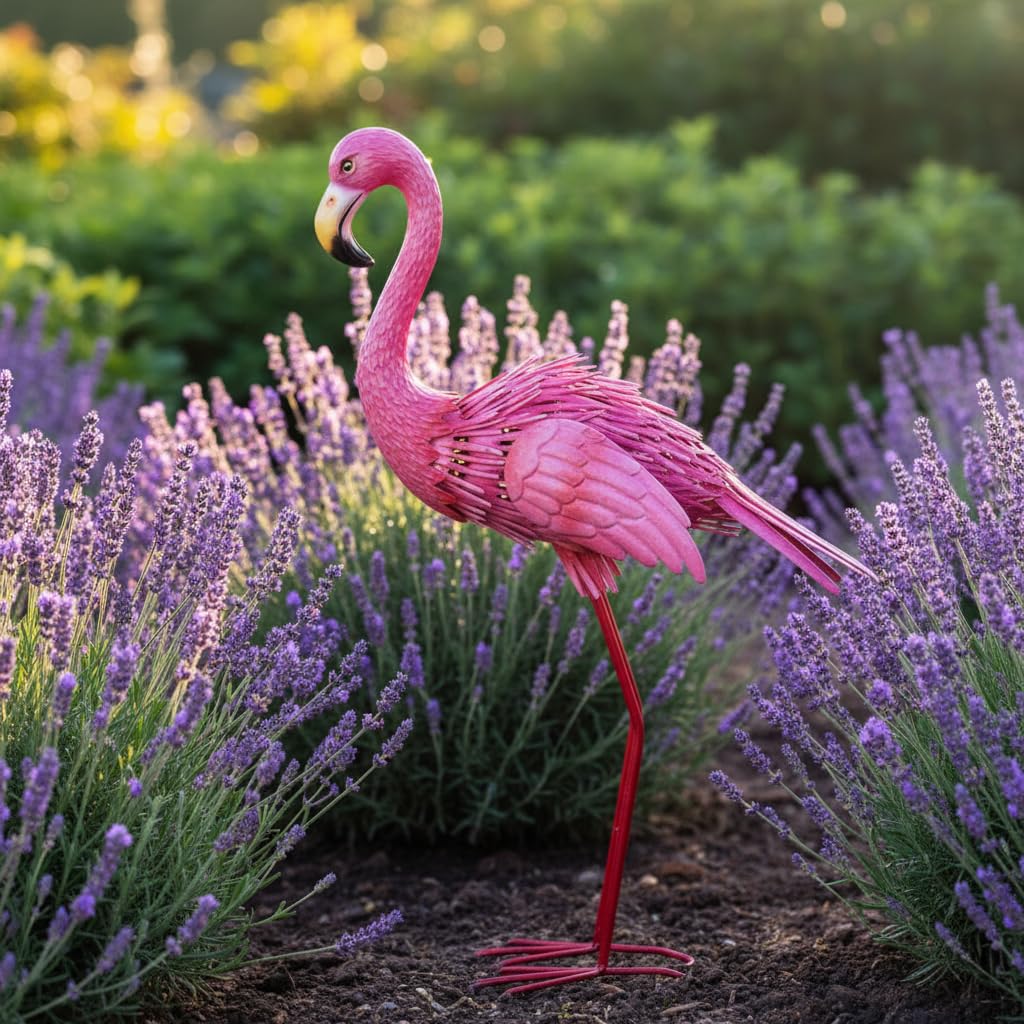 ViteenLight 35" Flamingo Garden Statues & Sculptures, Metal Birds Yard Art Outdoor Statue, Large Pink Flamingo Lawn Ornaments for Home, Patio, Backyard Decor