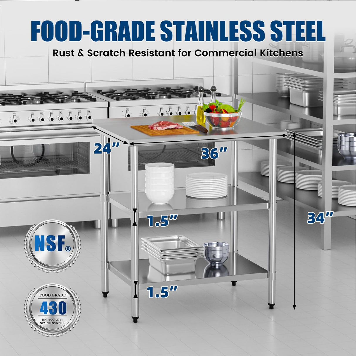 Chingoo Stainless Steel Work Table 24x36 Inch with 2 Adjustable Undershelves & Backsplash, Heavy-Duty Prep Table for Commercial Kitchen, Restaurant, Garage, Outdoor
