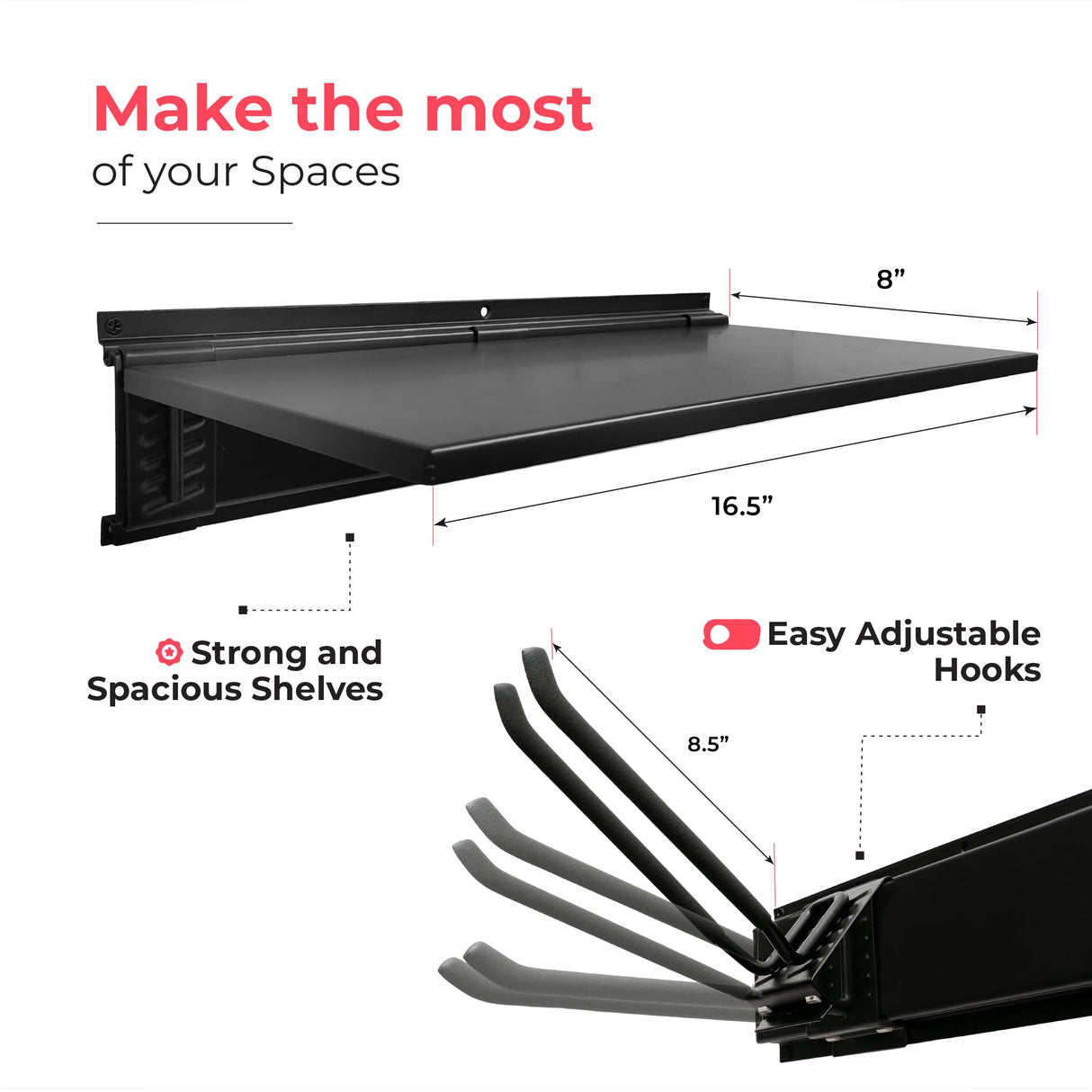 Heavy-Duty Garage Wall Storage System | Wall Mounted Tool Organizer Rack with Shelving | 10-Piece Mounting Kit | Includes 4x8.5” Adjustable Hooks & 2x16.5” Floating Utility Shelves