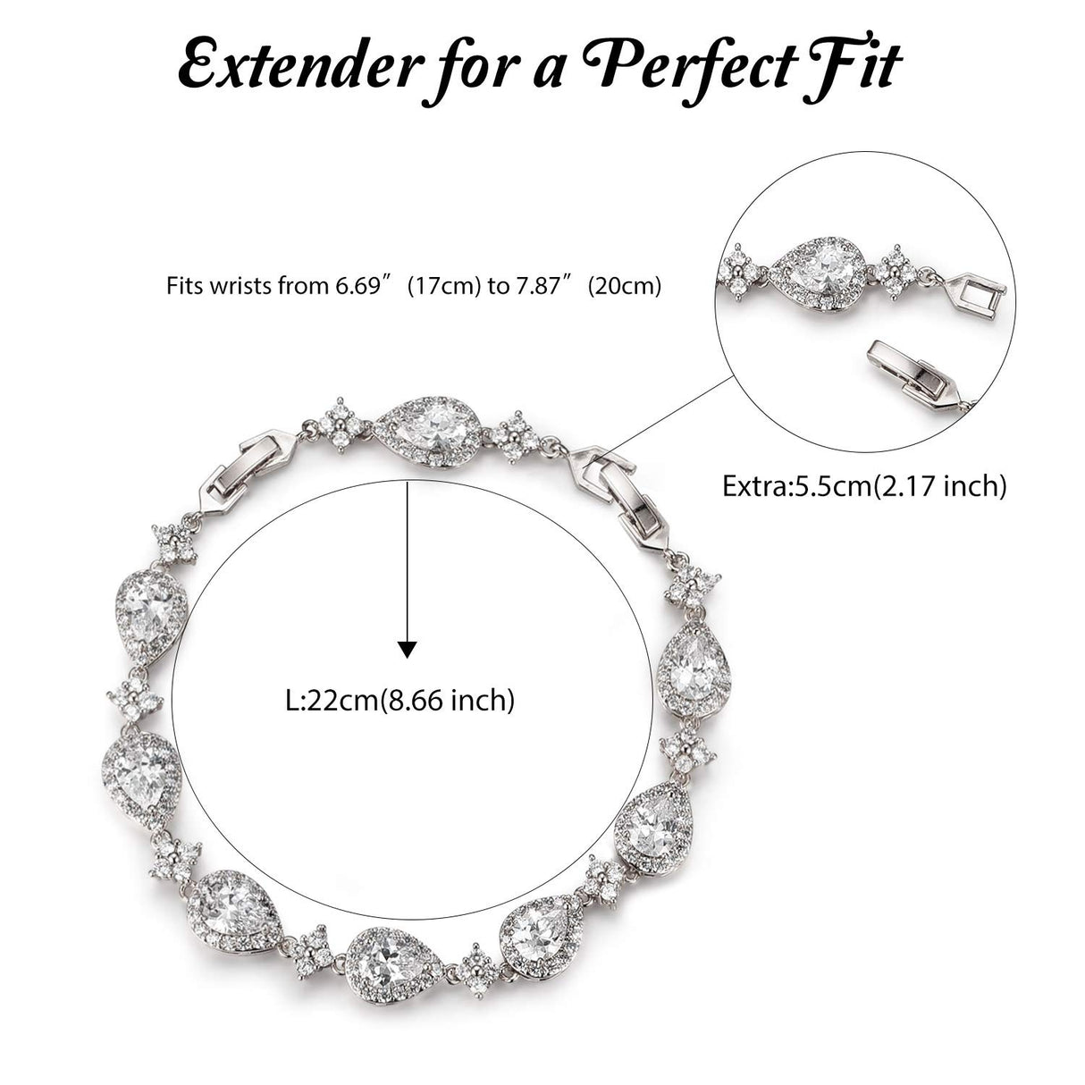 SWEETV Wedding Teardrop Bracelets for Brides Bridesmaids, Crystal Cubic Zirconia Bridal Bracelets for Women Prom, Silver