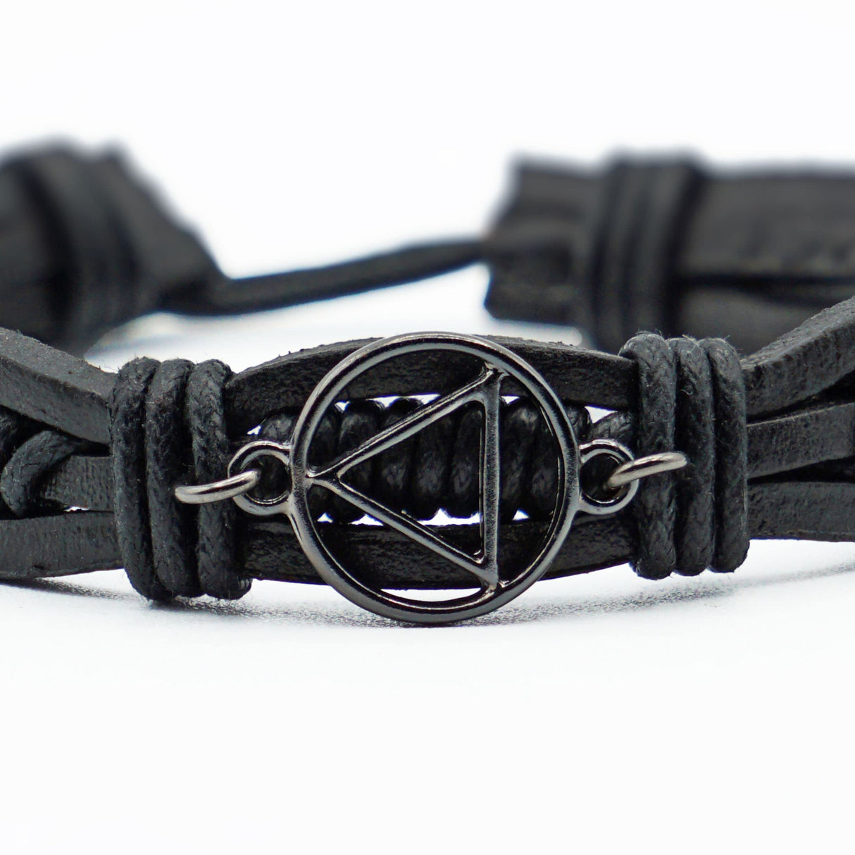 Adjustable Black Leather AA Bracelet with Alcoholics Anonymous Charm