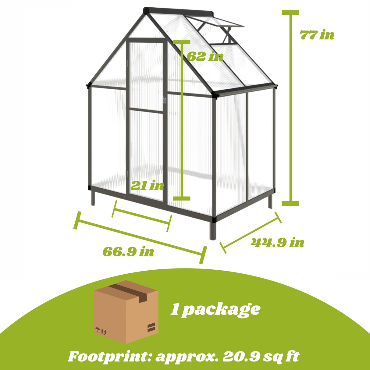 Jiliusure 6 x 4 FT Greenhouse for Outdoors, Polycarbonate Panel Greenhouse Outdoor Quick Setup Structure, Roof Vent, Aluminum Large Walk-in Green House for Outside Garden, Charcoal Black