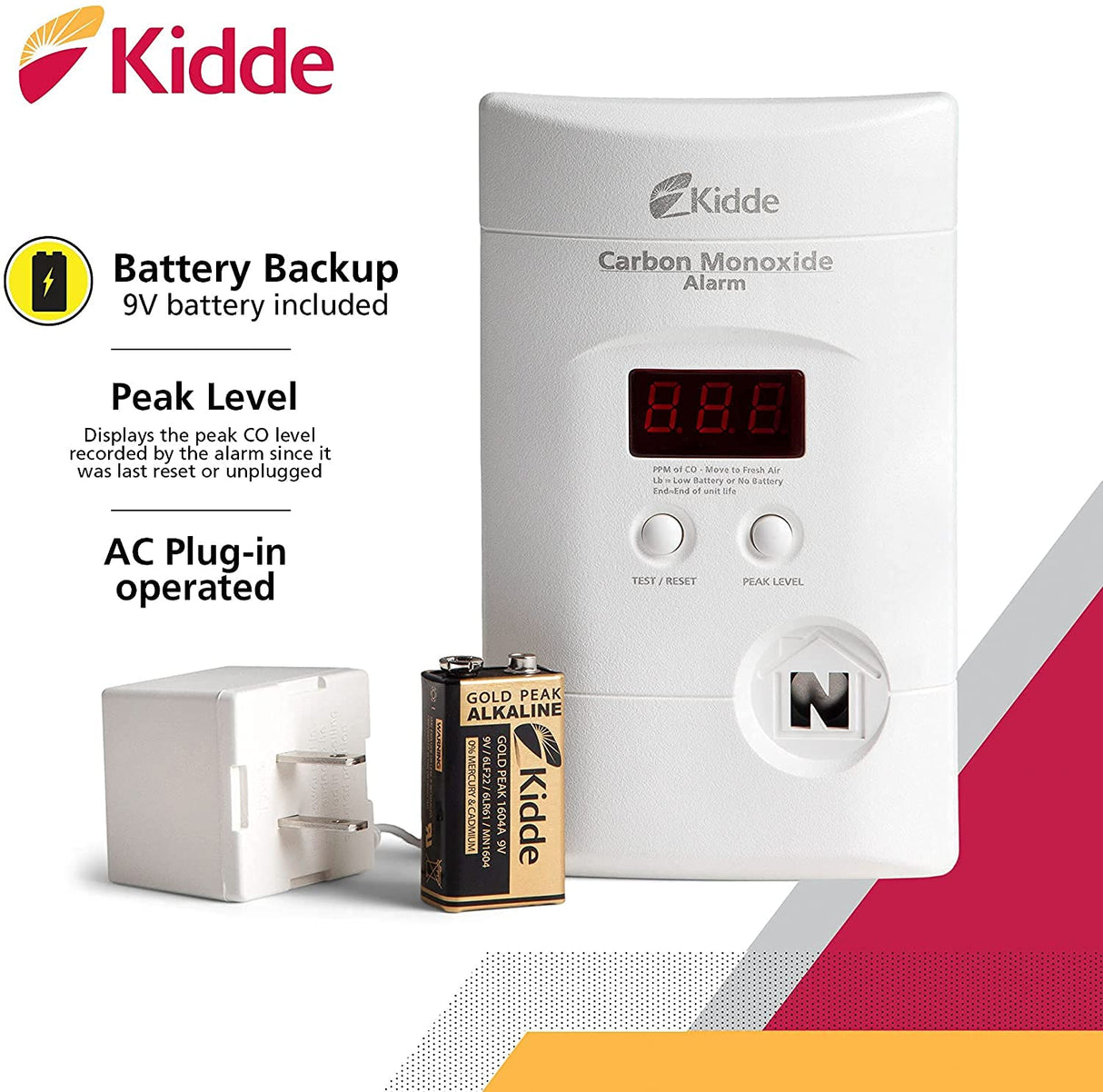 Kidde Plug-in Carbon Monoxide Detector with Battery Backup & 10-Year Battery Smoke Detector with LED Alerts