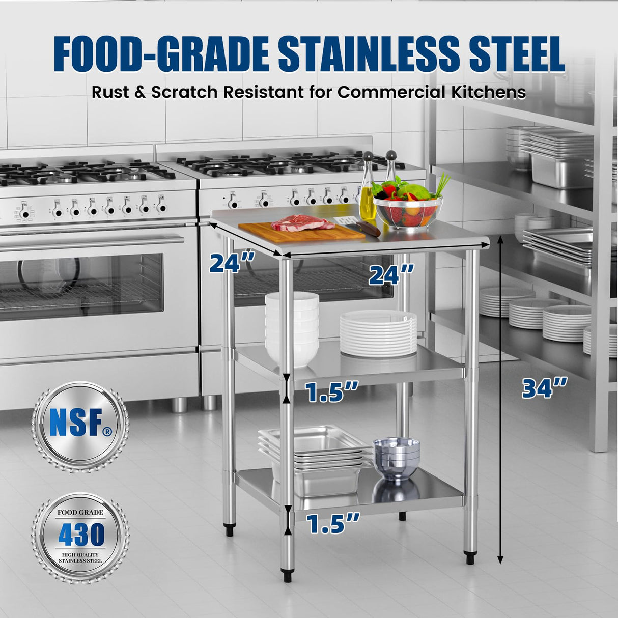 Chingoo Stainless Steel Work Table 24x24 Inch with 2 Adjustable Undershelves & Backsplash, Heavy-Duty Prep Table for Commercial Kitchen, Restaurant, Garage, Outdoor