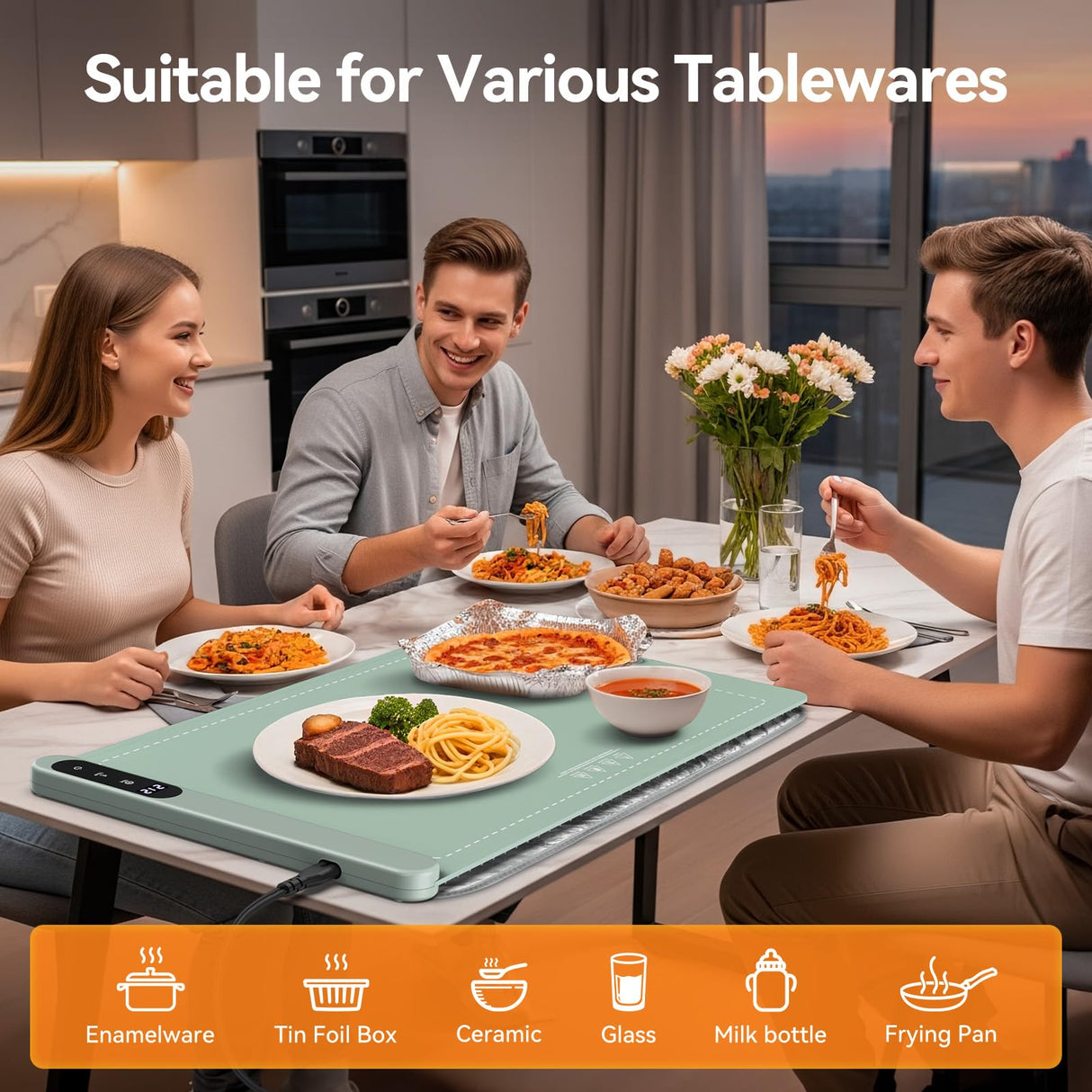 Food Warming Mat for Parties Buffet, Upgrade Graphene Heating Film, Electric Warming Tray with 6 Temp Settings | 6H Timer, Portable Roll Up Food Warming Mat with Heat Insulation, Green, 24x14 inch