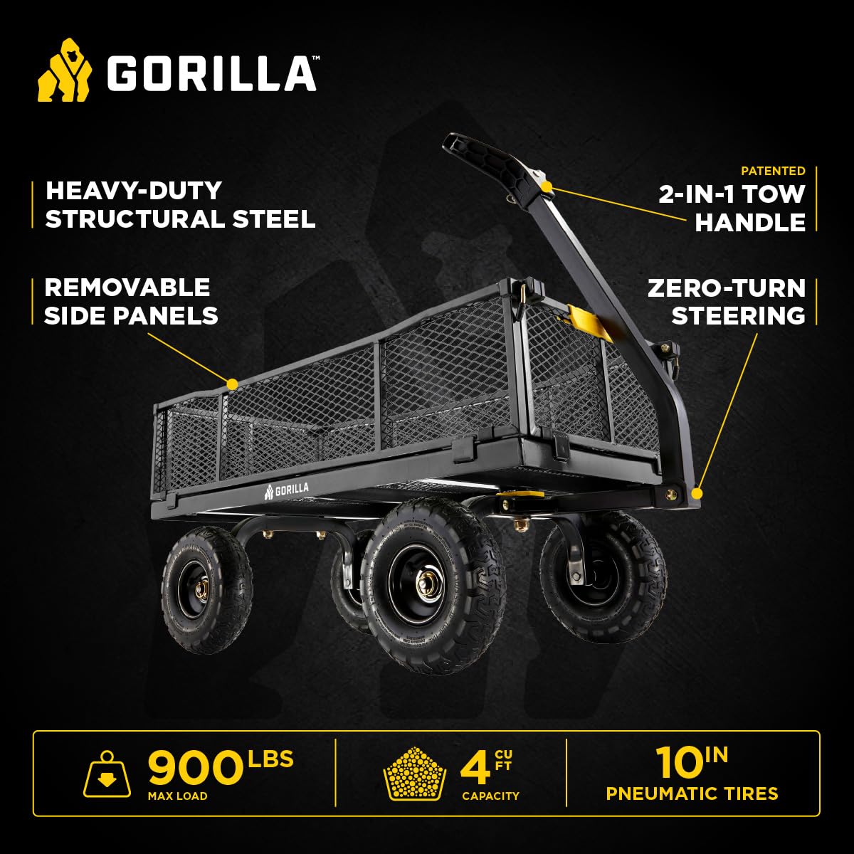 Gorilla Carts Steel Utility Cart, 4 Cu Ft Bed, 900 lb Load Capacity, Black – Towable Heavy-Duty Outdoor Hauling Wagon with Removable Side Panels for Yard, Lawn, Garden or Landscaping