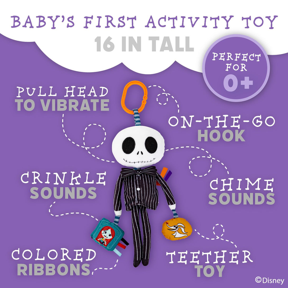 KIDS PREFERRED Disney Baby Nightmare Before Christmas Jack Skellington On The Go Activity Toy with Teether, On The Go Clip, Bell Chime, and Pull Through Arms