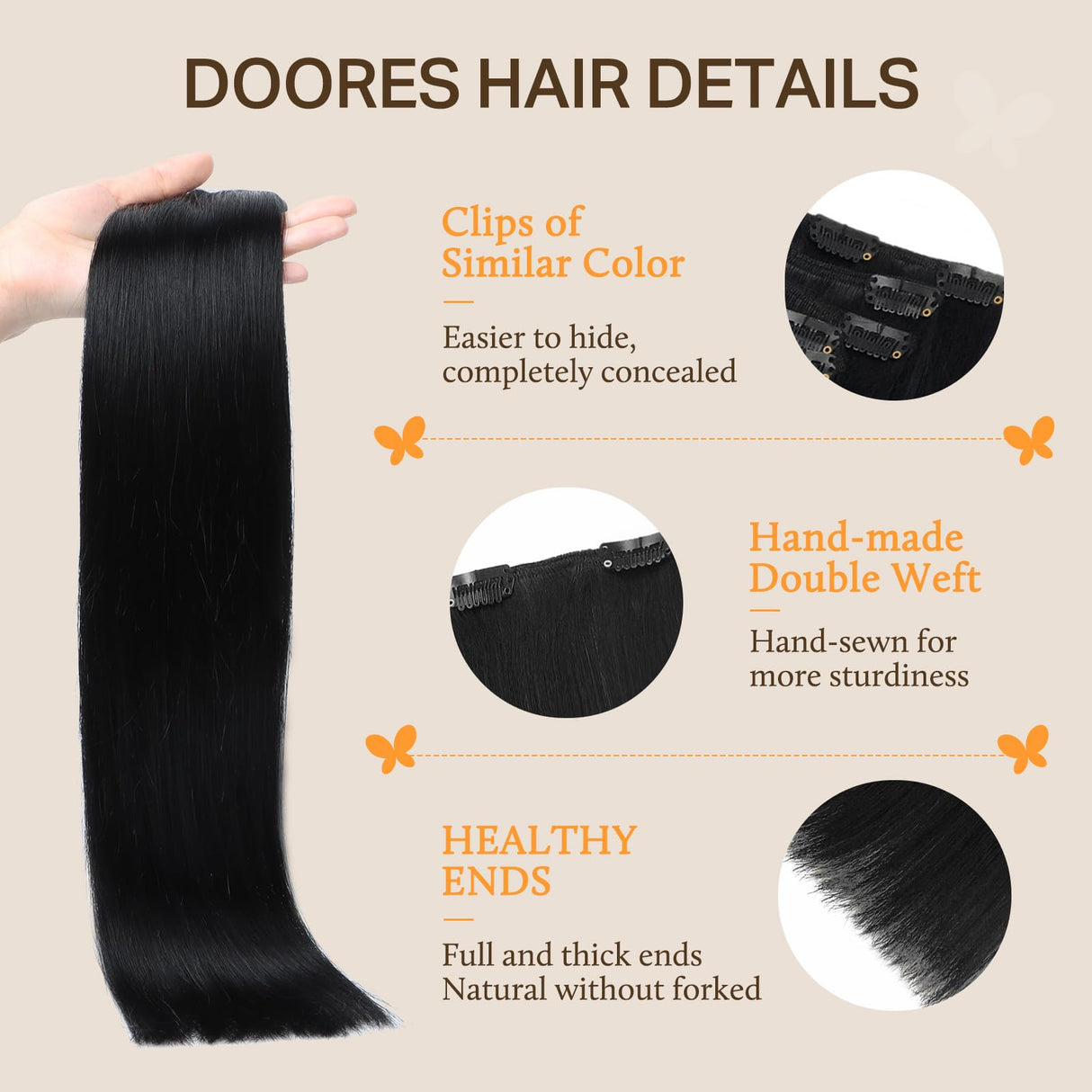 DOORES Clip in Hair Extensions Real Human Hair, Dark Brown 150g 9pcs 20 Inch, Clip in Human Hair Extensions Real Natural Hair Extensions Extensions for Women Clip in Thick Silky Straight Extensions