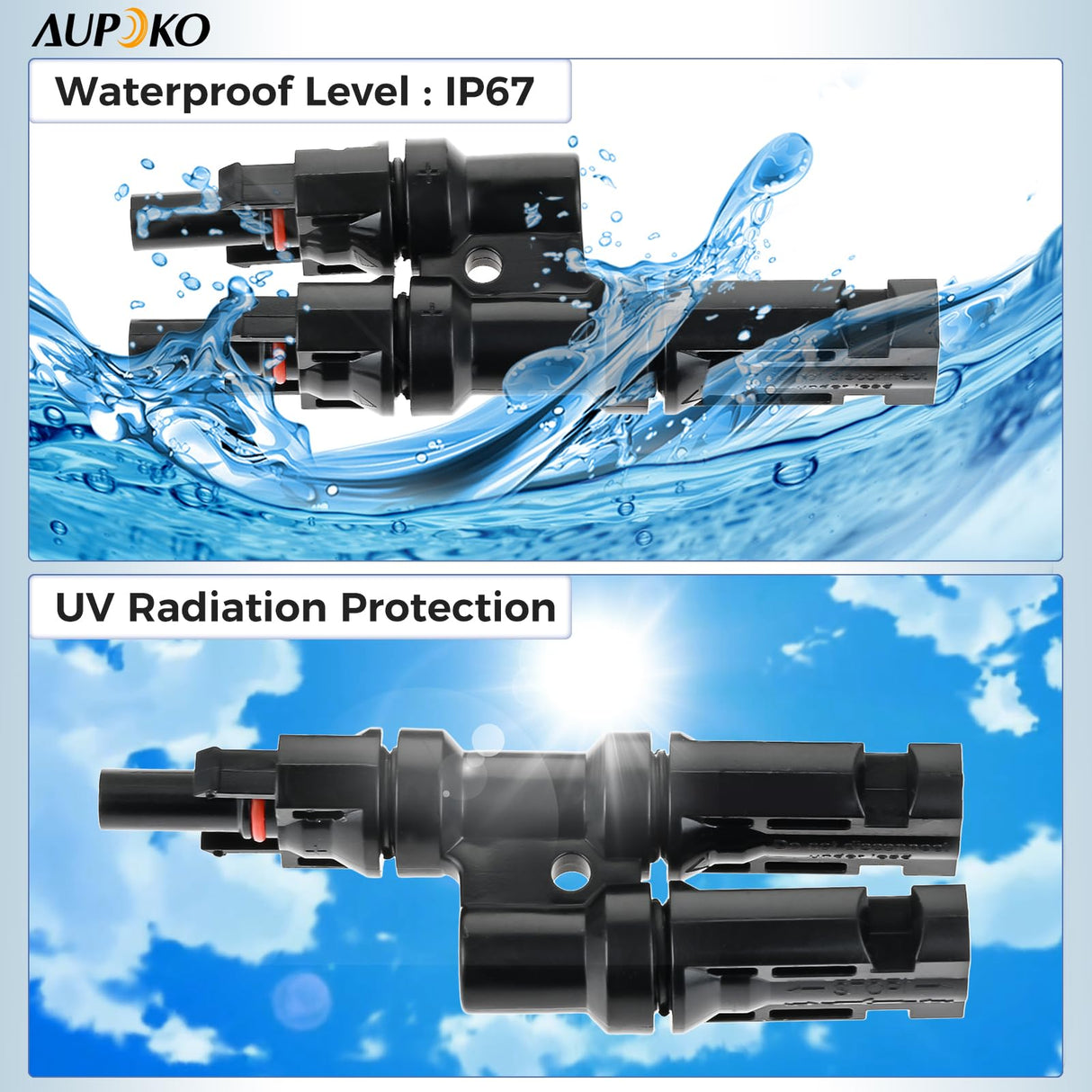Aupoko T Branch Connectors, Solar IP67 Waterproof Adapter Cable 2 to 1 Compatible with MC4 Connectors, Solar T Branch Connectors MMF+FFM for Solar Panel and Photovoltaic Systems