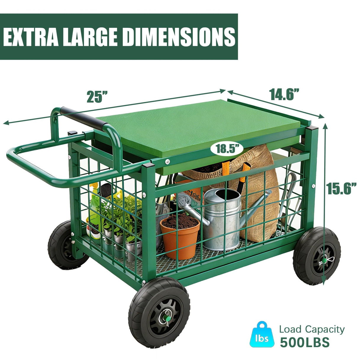 Extra-Large Rolling Garden Cart and Kneeler, 4-in-1 Garden Seat with Wheels