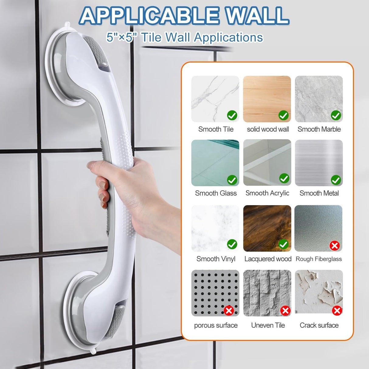 Grab Bars for Bathtubs and Showers, 2 Pack Shower Handle 16 Inch Strong Suction Shower Bar, Safety Bars for Shower Chair, Bathroom Grab Bar for Senior (Gray White)