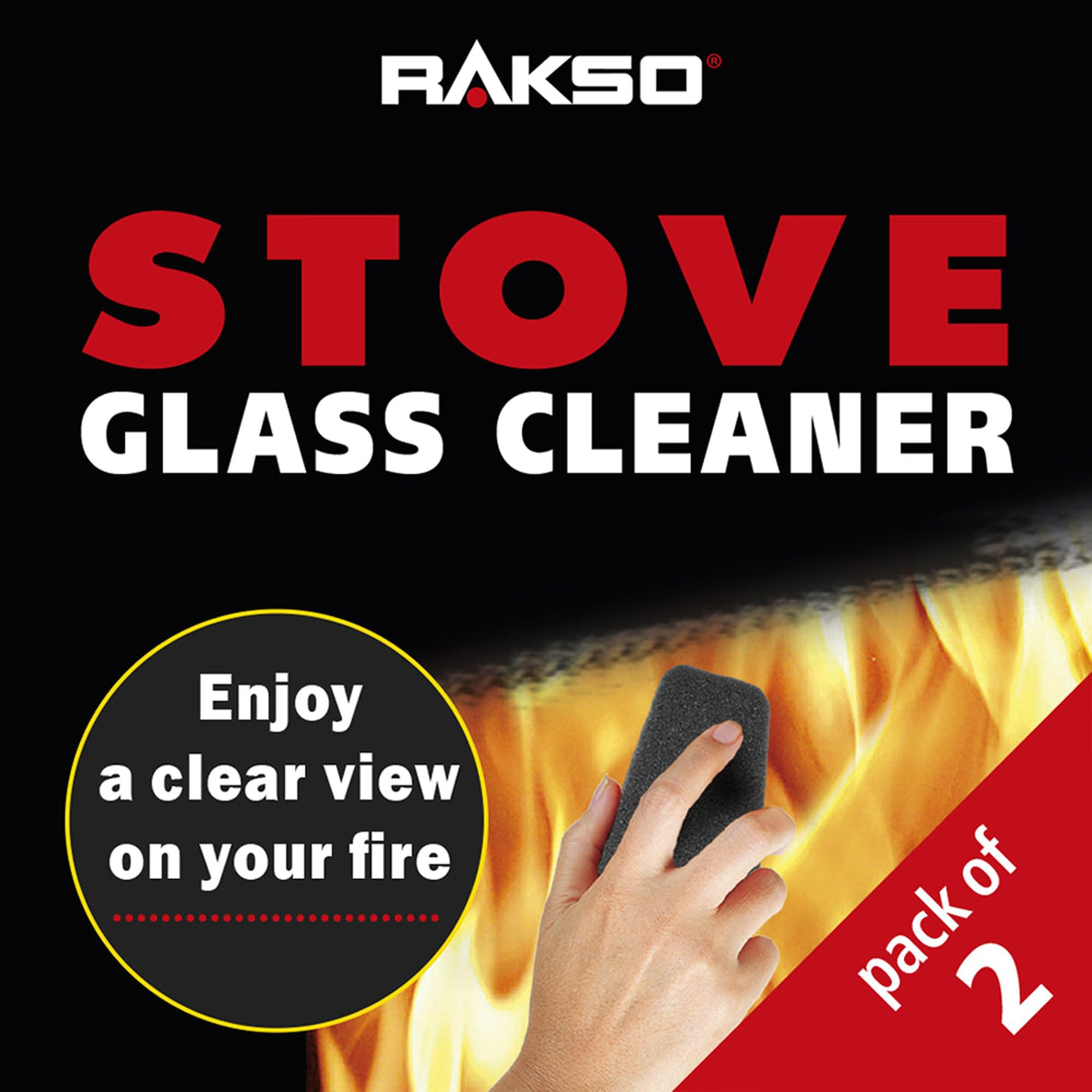 RAKSO Stove Glass Cleaner for woodburning stoves and Burners, Sponge, Fireplace Cleaner, Glass pane Cleaner, 2 Pieces, Black