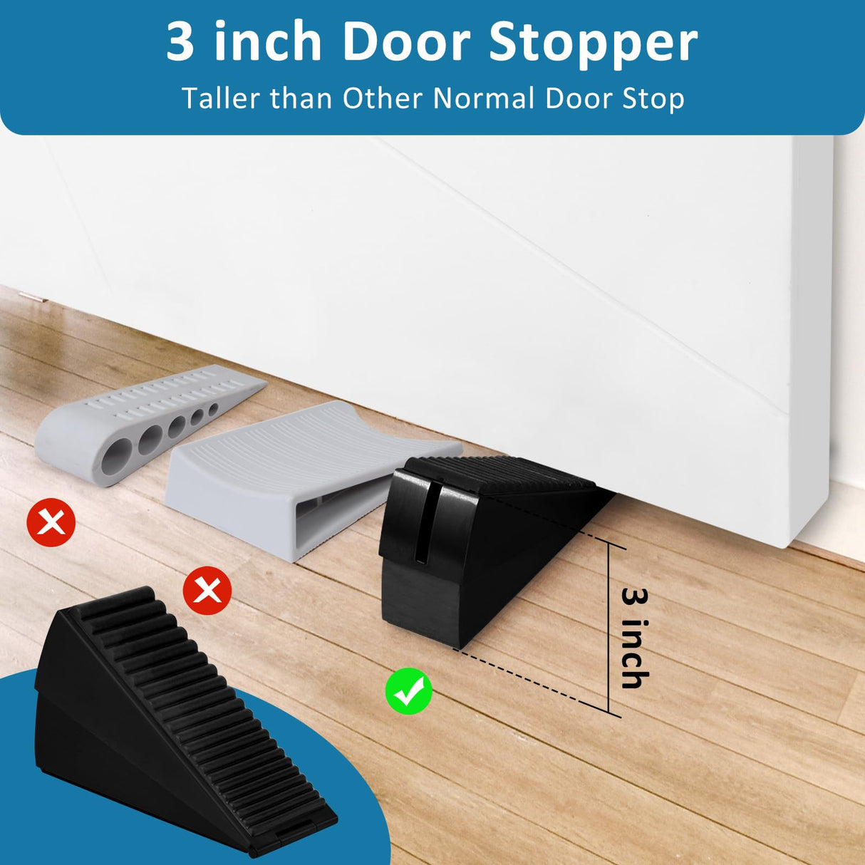 Optish 2 Pack Heavy Duty Door Stopper, Adjustable Spring Large Stopper, 3 Inches High Tall Wedge Stoppers for Bottom of Door, Door Stop Suits Any Heavy Door, Black