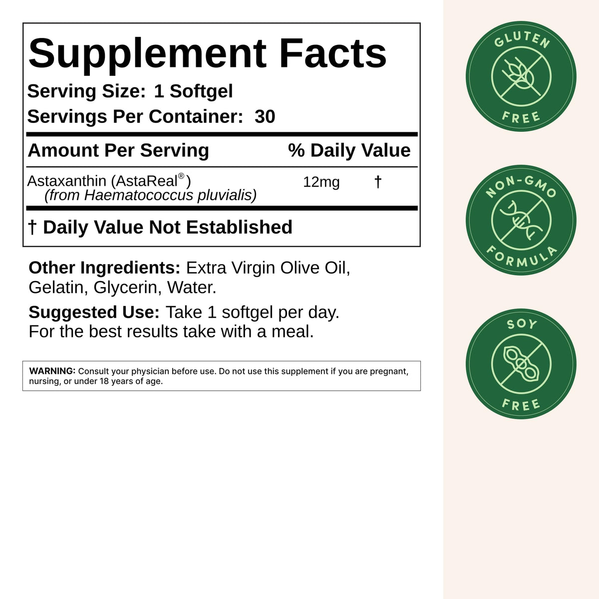 Astaxanthin 12mg Softgels, Clinically Studied AstaReal, 60 Softgels