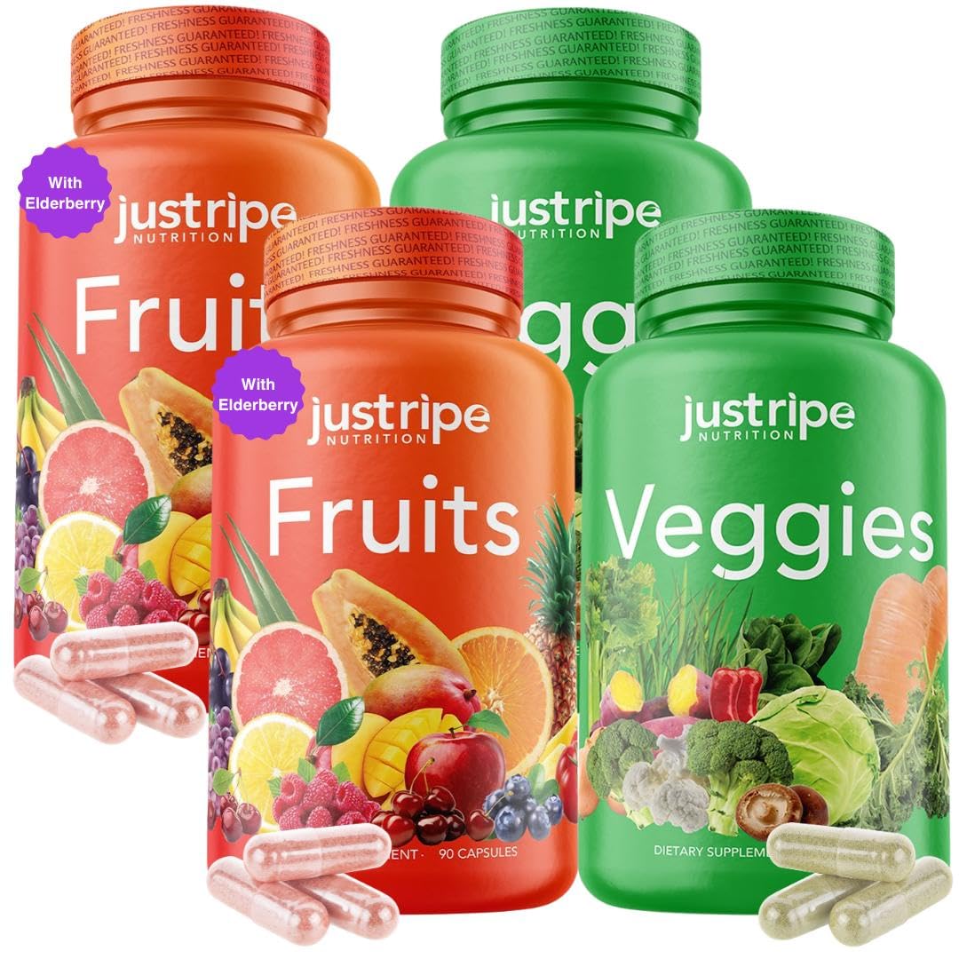 Just Ripe Nutrition Fruits and Veggies Supplement - 90 Fruit and 90 Vegetable Capsules - 100% Whole Natural Superfood - Filled with Vitamins and Minerals - Supports Energy Levels (2 Pack)