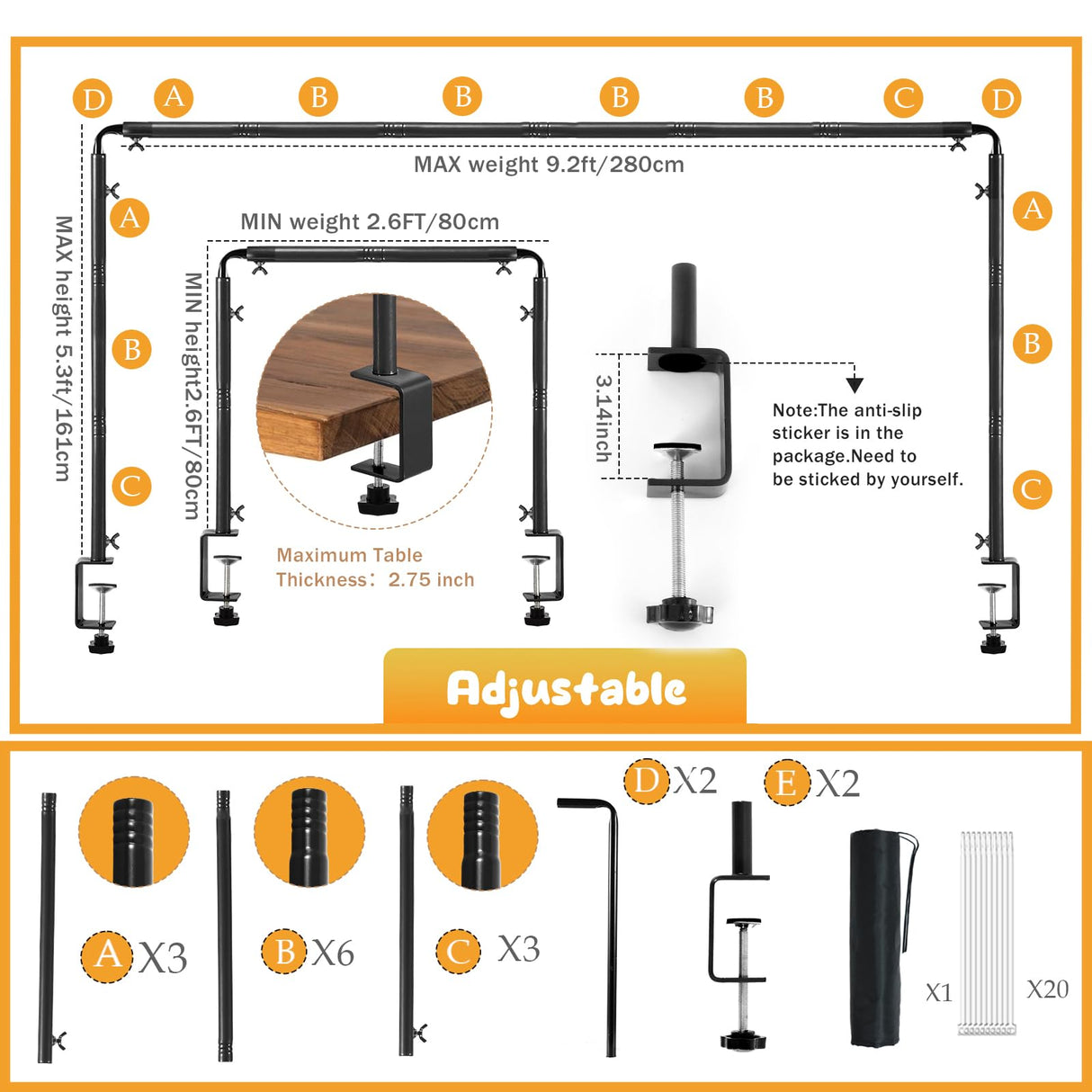 Over The Table Rod Stand with Clamps Black 46"-100'' Length 29"-55" Height Adjustable Metal Table Balloon Arch Stand with Storage Bag, for Halloween Christmas Party Wedding Anniversary Decoration