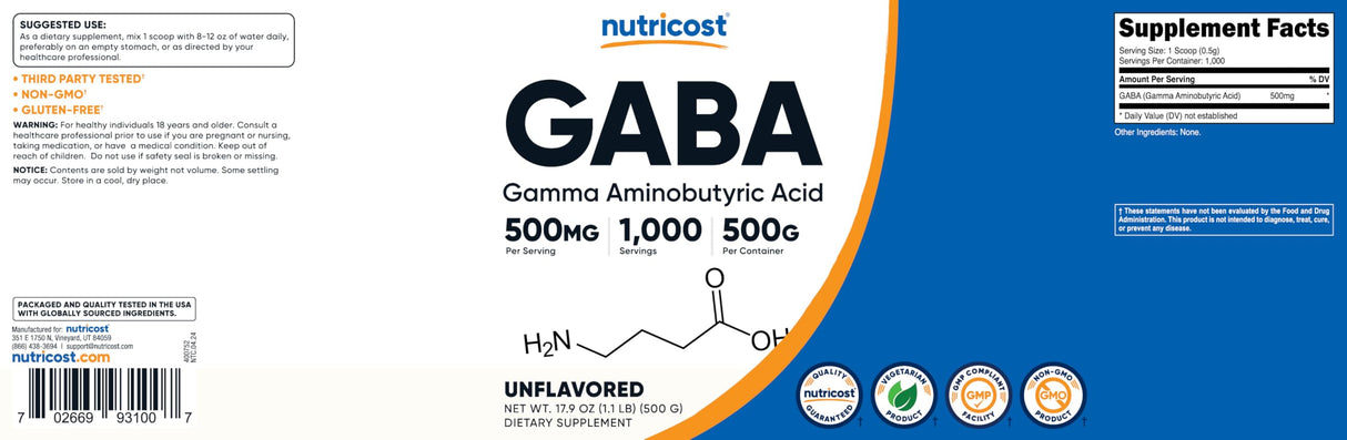 Nutricost Pure GABA 500G Powder (Gamma Aminobutyric Acid) (500 Grams/1.1 pounds)