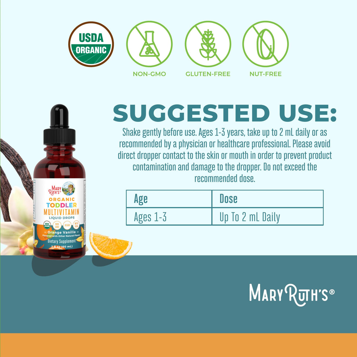 MaryRuth Organics Multivitamin & Multimineral with Iron for Toddlers | USDA Organic | Sugar Free | Multivitamin Liquid Drops for Kids Ages 1-3 | Immune Support | Vegan | Non-GMO | 2 Fl Oz