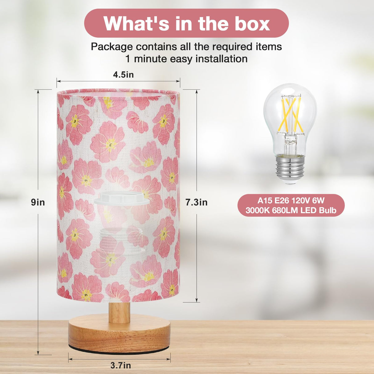 Fenmzee Cherry Table Lamp for Bedroom - Inline Control, Small Bedside Lamp with 3000K A15 LED Blub, Easy Assembly (Cherry Cream Shade, 9" Inline Control)