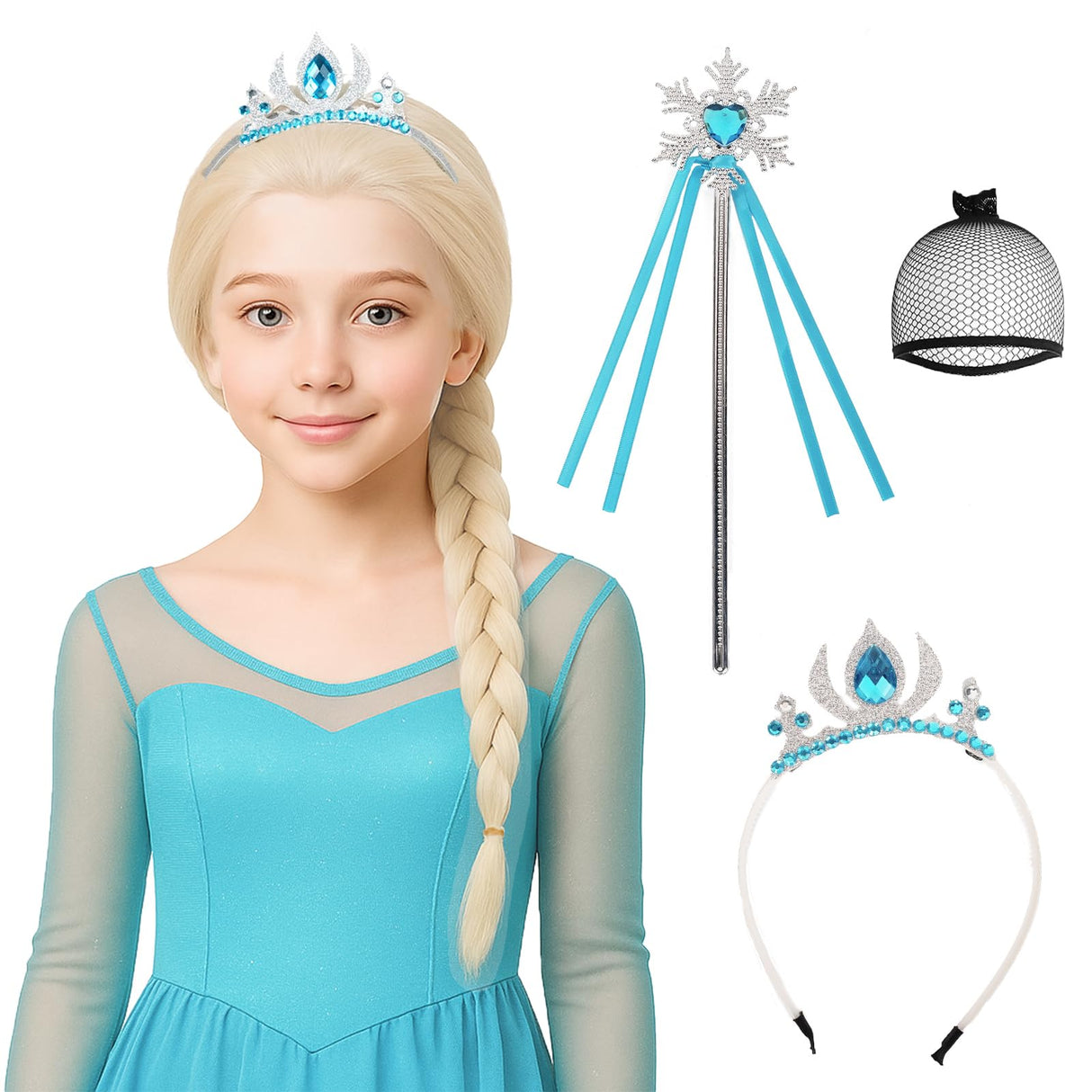 Probeauty Long Blonde Braided Wig for Girls Princess Cosplay, Kids Costume Wig with Magic Wand Crown for Halloween Christmas Birthday Party