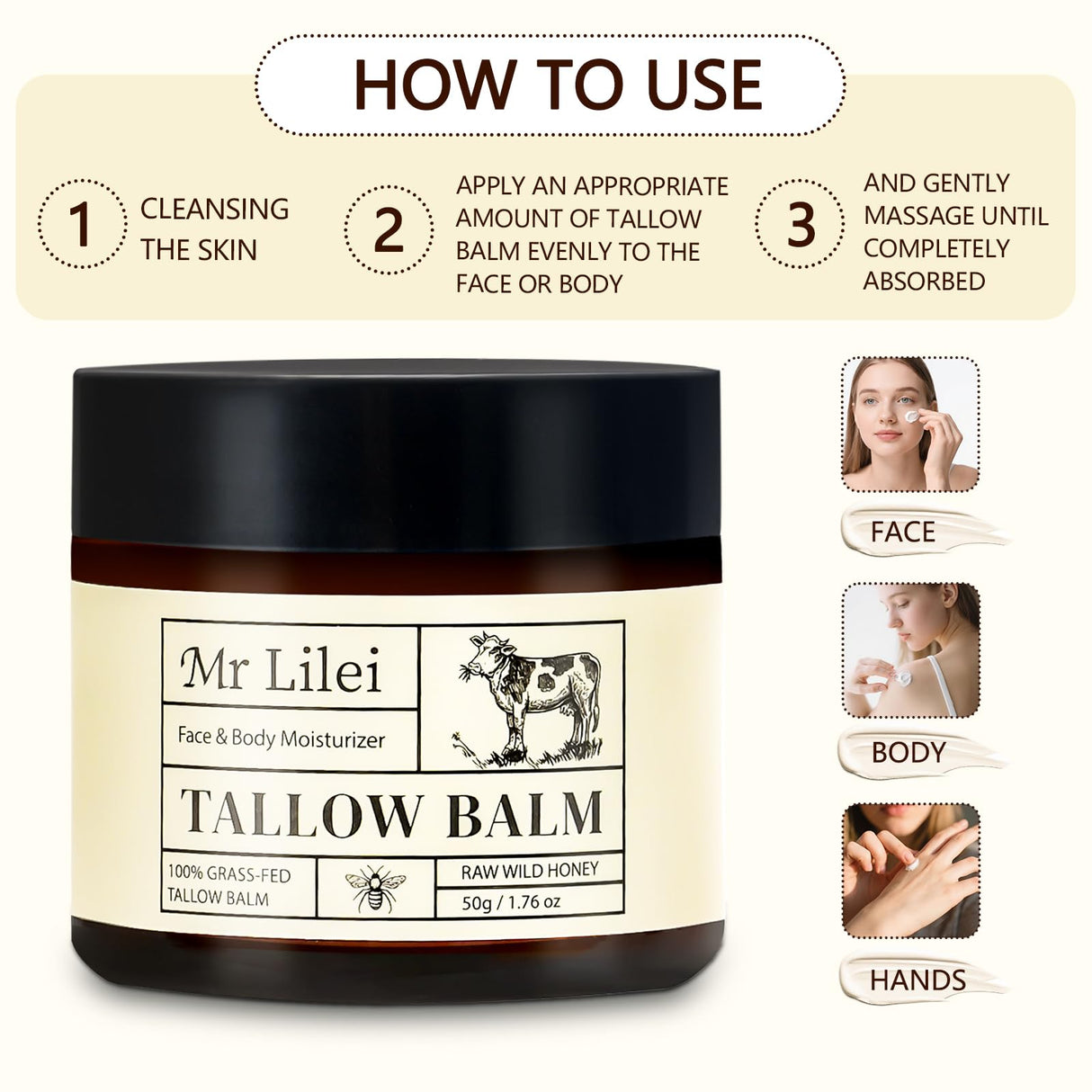 Grass-Fed Beef Tallow Balm for Skin with Raw Honey - Face & Body Moisturizer - Natural Whipped Skin Care Cream for Dry Skin- Hydrating Body Lotion for Nourishment (50g/1.76oz)