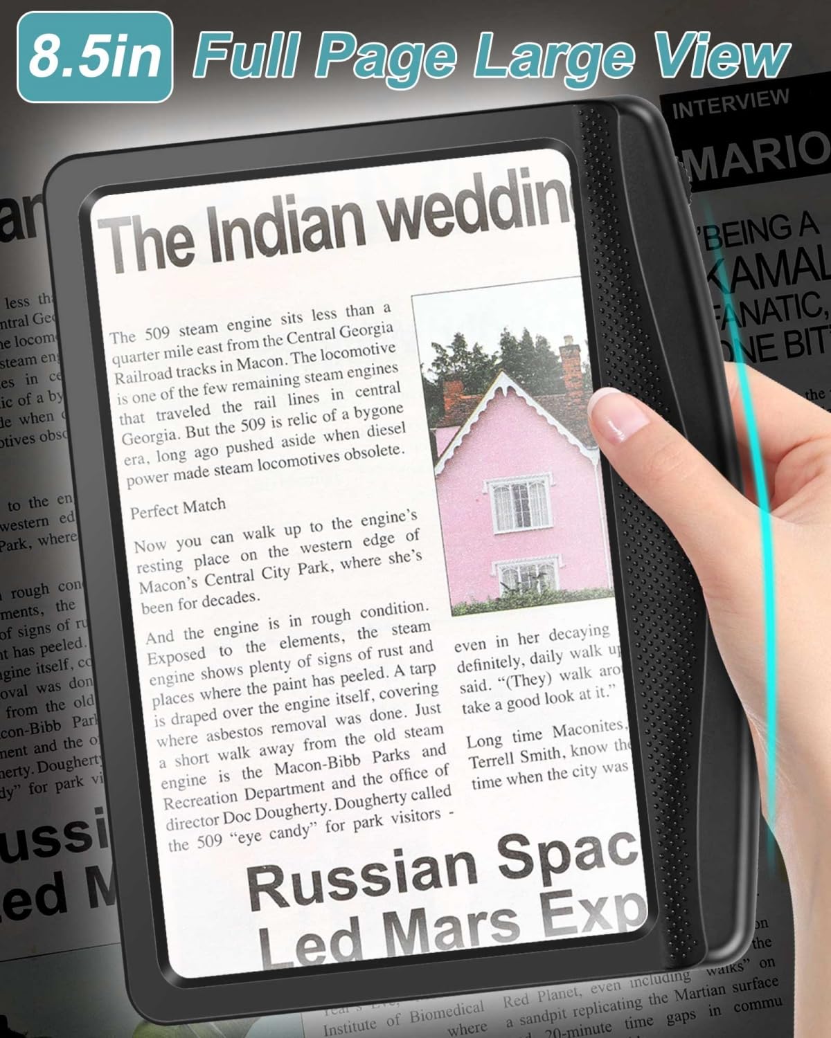 5X Rechargeable Magnifying Glass for Reading, Large Bright LED Lighted Full Page Magnifier, Lightweight Rectangular Handheld Magnifier with Light for Reading Small Prints for Seniors, Low Vision