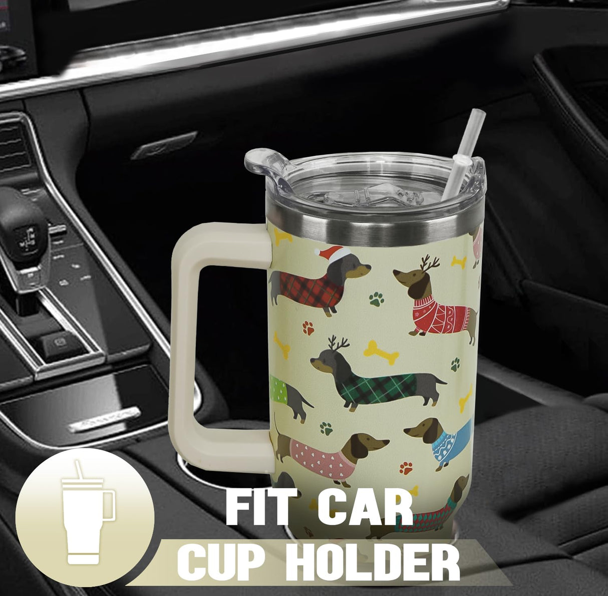 Nqhsionv Dachshund Tumbler with Handle and Straw 40 oz Christmas Cup Weiner Dog Coffee Travel Mug Stainless Steel Insulated Water Bottle Xmas Christmas Decor Gifts for Women
