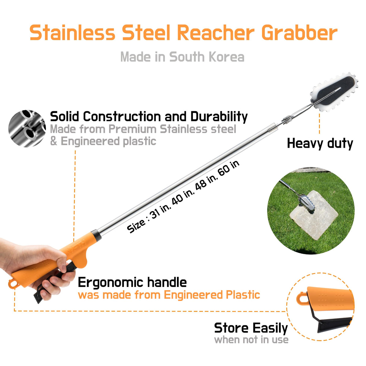 FTH All Stainless Steel Grabber Reacher Pickup Tool Heavy Duty Trash Picker Log BBQ Fireplace pits Snake Tongs Plogging tool