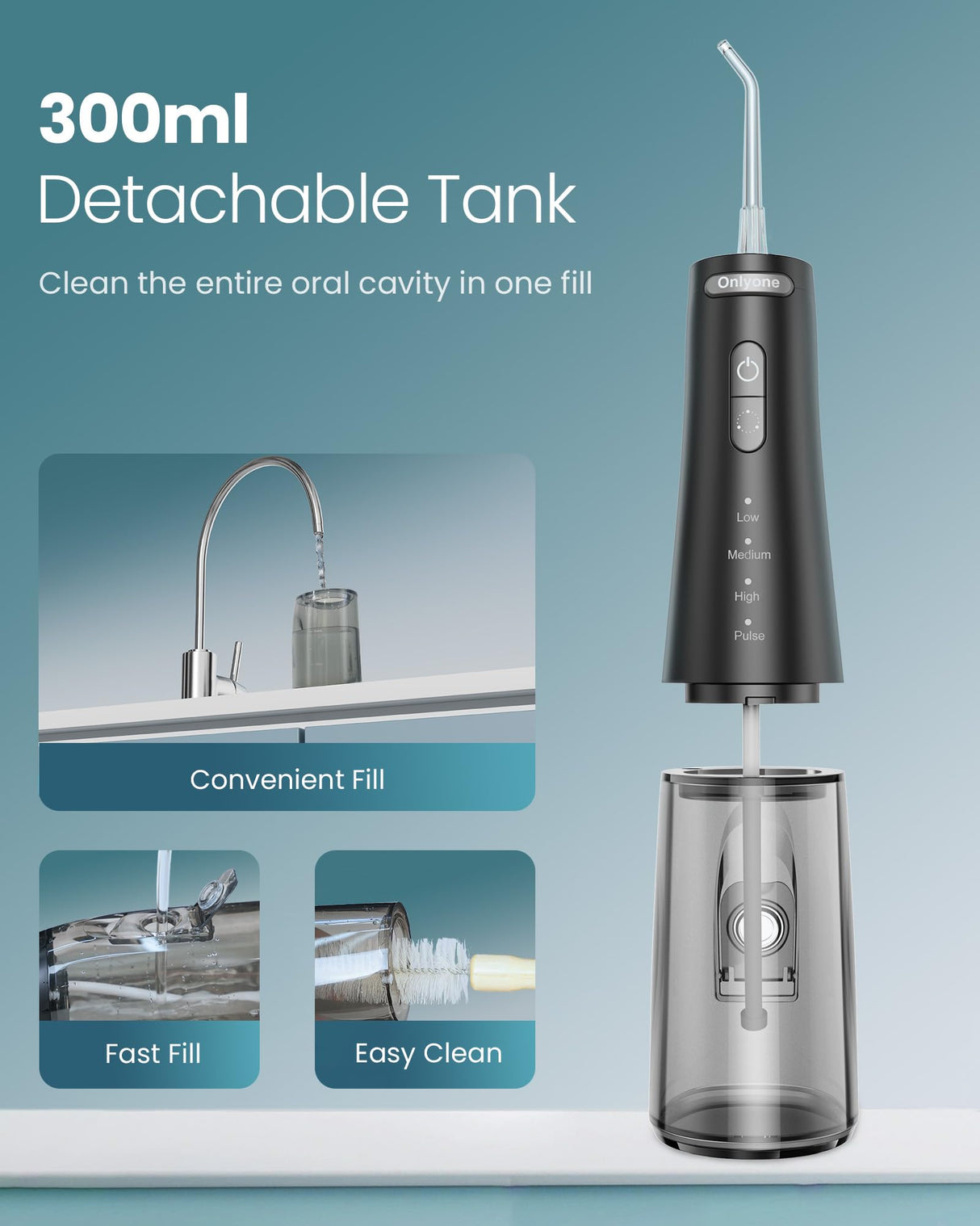 Onlyone Water Dental Flosser, 300ML Portable Oral Irrigator for Teeth, 4 Modes and 5 Jet Tips,Rechargeable Irrigation Cleaner,Electric Flossing Machine Power Flossers & Irrigator Accessories Black