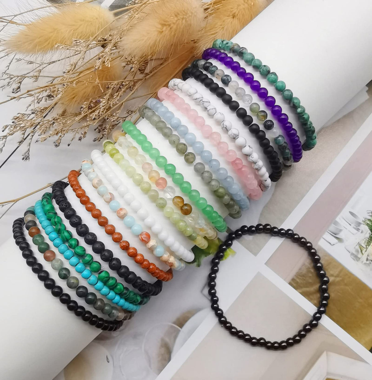 FIRAZIO 20Pcs 4mm Gemstone Beaded Bracelets for Women Mens