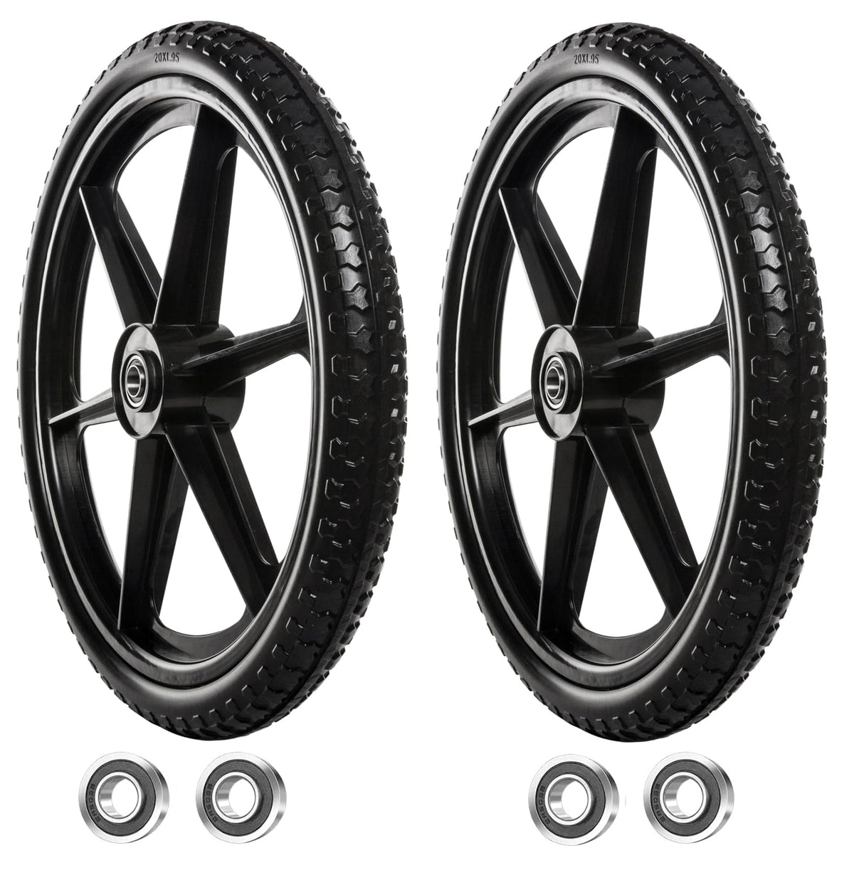Jinleader 2 PCS 20" PU Flat Free Tire with 3/4'' and 5/8'' Bearings, Non-inflated Tires and Wheels, 20x2 Inch Wheel for Wheelbarrow, Carts, Garden Trailers
