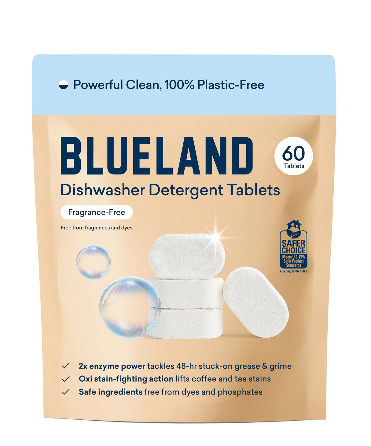 BLUELAND 100% Plastic-Free Dishwasher Detergent Tablets, 60 Count, Unscented Eco Friendly Dishwashing Pods, Natural, Sustainable