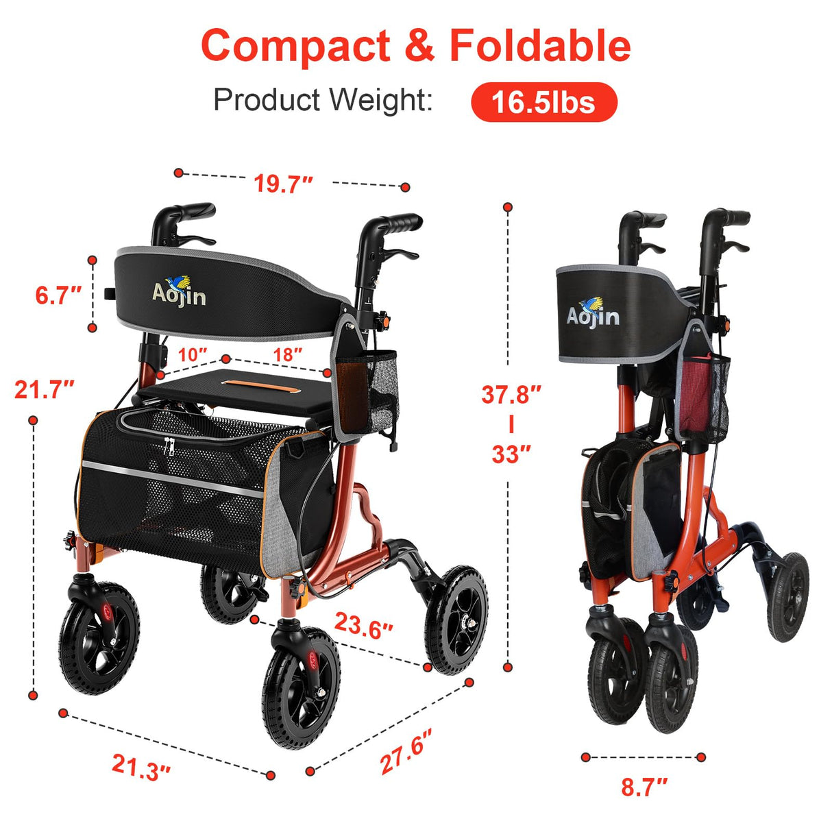 Rollator Walkers for Seniors with Seat, Foldable Walkers for Seniors, 8" All-Terrain Wheels, 18" Big Seat, 6-Level Adjustable Height Rolling Walker, 350 lb, Walker for Seniors & Adults (Red)