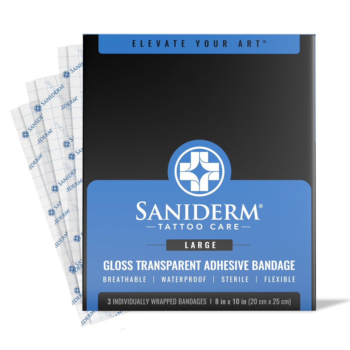 Saniderm Tattoo Aftercare Bandage 3 Sheets (Large Pack, 8 in x 10 in) – Convenient, Faster Tattoo Healing and Protection – Sterile, Waterproof, and Latex-Free
