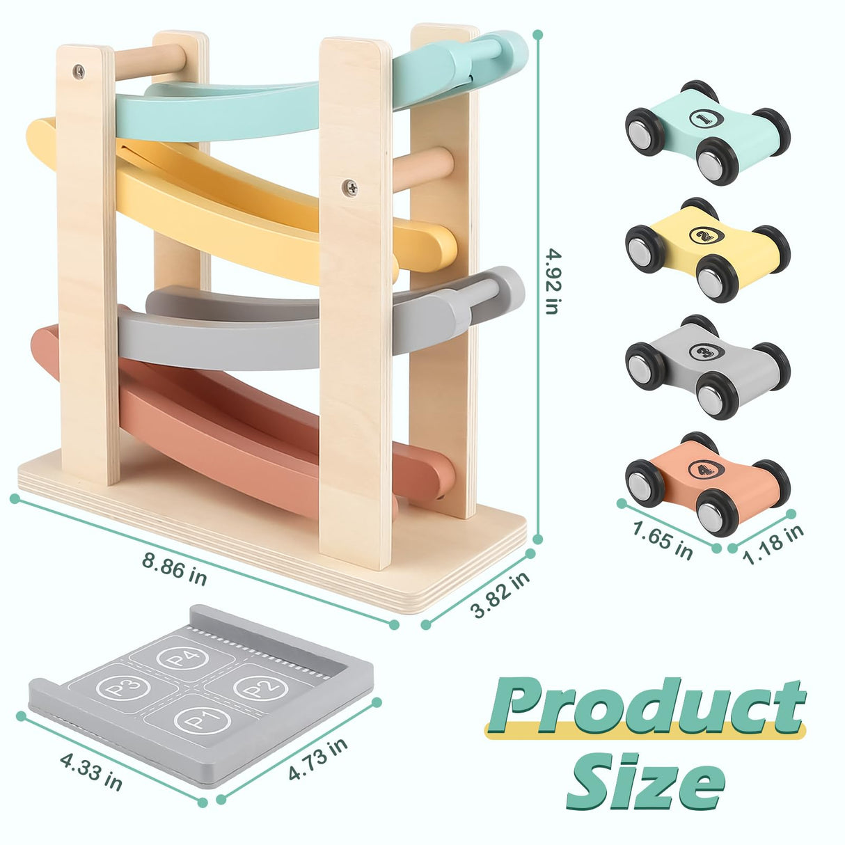 Car Ramp Toys for One Year Old Boy Birthday Gifts, Wooden Montessori Toys for 1 2 Year Old, Race Track Truck Toy with 4 Mini Cars/1 Parking Lot, First Christmas Birthday Gifts for Toddlers 1-3-2-4