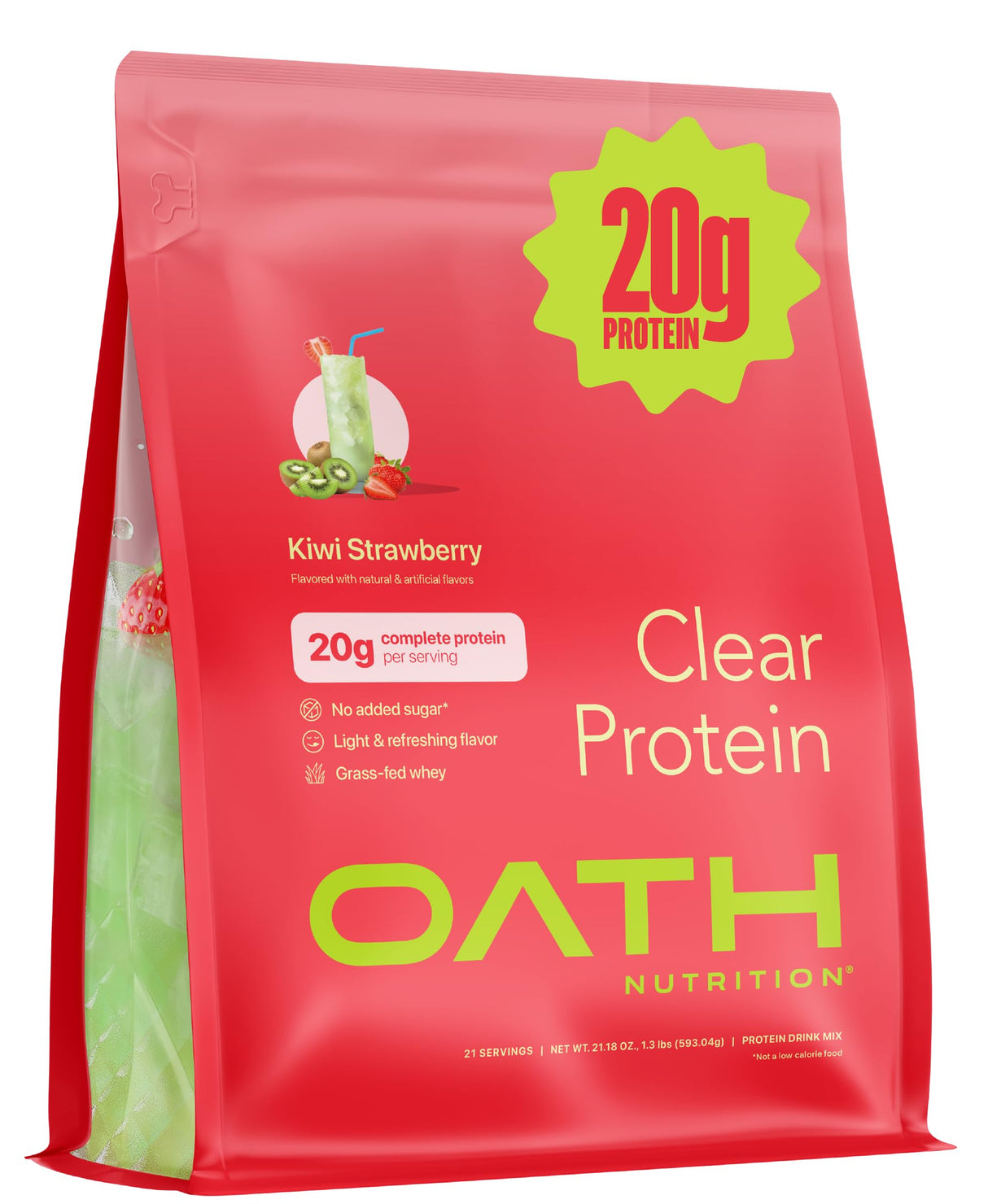 Oath Nutrition Clear Whey Isolate Protein Powder, Kiwi Strawberry, 20g Complete Protein per Serving, No Added Sugar, Grass-Fed, 21 Servings