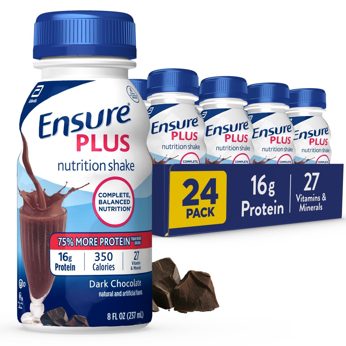 Ensure Plus DarkChocolate Nutrition Shake | Meal Replacement Shake | Ready To Drink | 16g Protein and 27 Vitamins and Minerals | 8 fl oz - 24 Pack