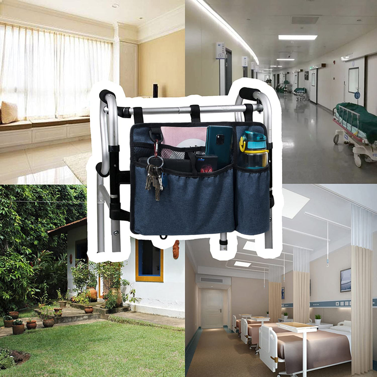 Caroo Walker Bag Basket with Cup Holder Suit for Adult Folding Walkers Rollator Organizer Carry Storage Pouch Water-Resistant Armrest Accessories for Seniors, Elderly, Handicap, Blue