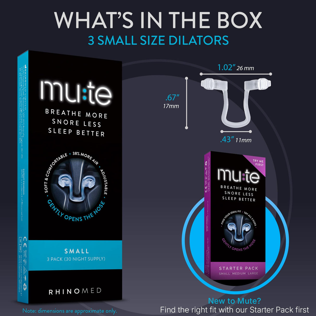 Mute by Rhinomed Nasal Dilator for Snore Reduction | Small 3pk | Increase Airflow | Anti Snoring Devices | Nasal Dilators for Sleeping | Internal Nasal Dilator | Snoring Solution | Transparent