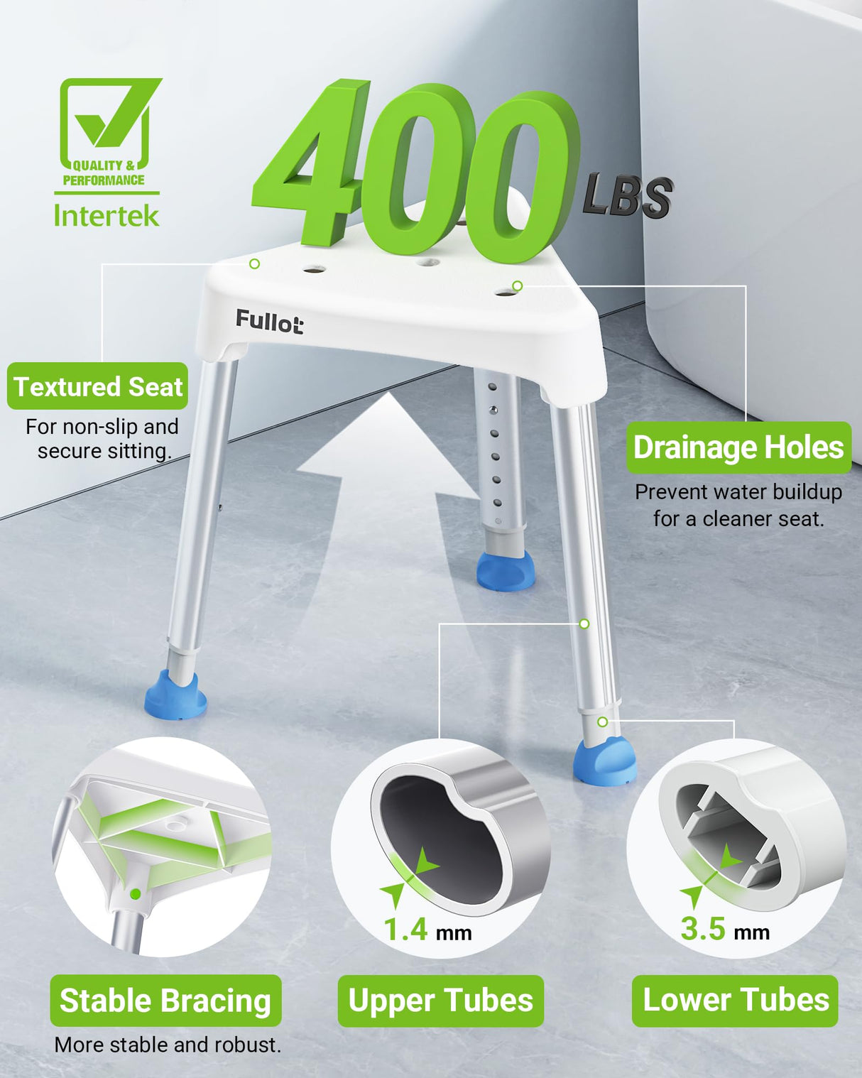 FULLOT Space-Saving Triangular Shower Chair for Elderly and Disabled, 400 lbs Adjustable Shower Stool Seat with Stable-Bracing, Non-Slip Bathtub Chair, Tool-Free Assembly, FSA/HSA Eligible