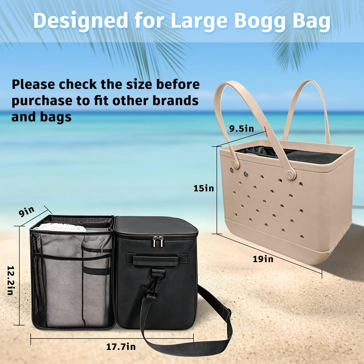 XYFuuee 2-in-1 Cooler Organizer Insert for X Large Bogg Bag Accessories, PEVA Portable Leak-Proof Ice Chest, Lightweight Mesh Divider Inserts Pouch with 4Fastener for XL Bog Beach Rubber Tote, Black