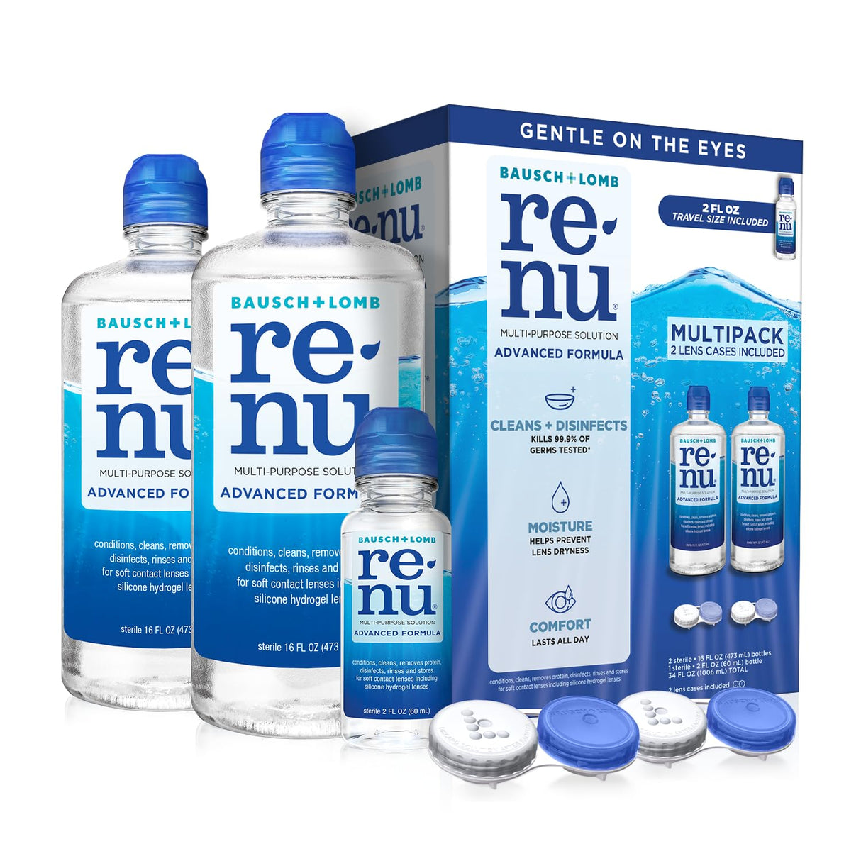 Renu Contact Lens Solution, Advanced Formula, Multi-Purpose Solution with Lens Case, Gently Cleans, Disinfects, Moisturizes & Hydrates Soft Lenses, 16 Fl Oz (Pack of 2) + Travel Size 2 Fl Oz