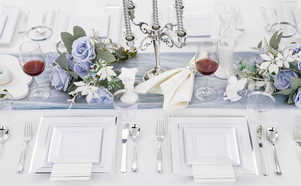 Festiva 350Pcs Silver Plates - Silver Square Plastic Plates 9 .5" and 6" - serve for 50 guests include 50 Cups 50Plastic Cutlery 50Hand Napkins Perfect for Party&Wedding&Birthday&Christmas